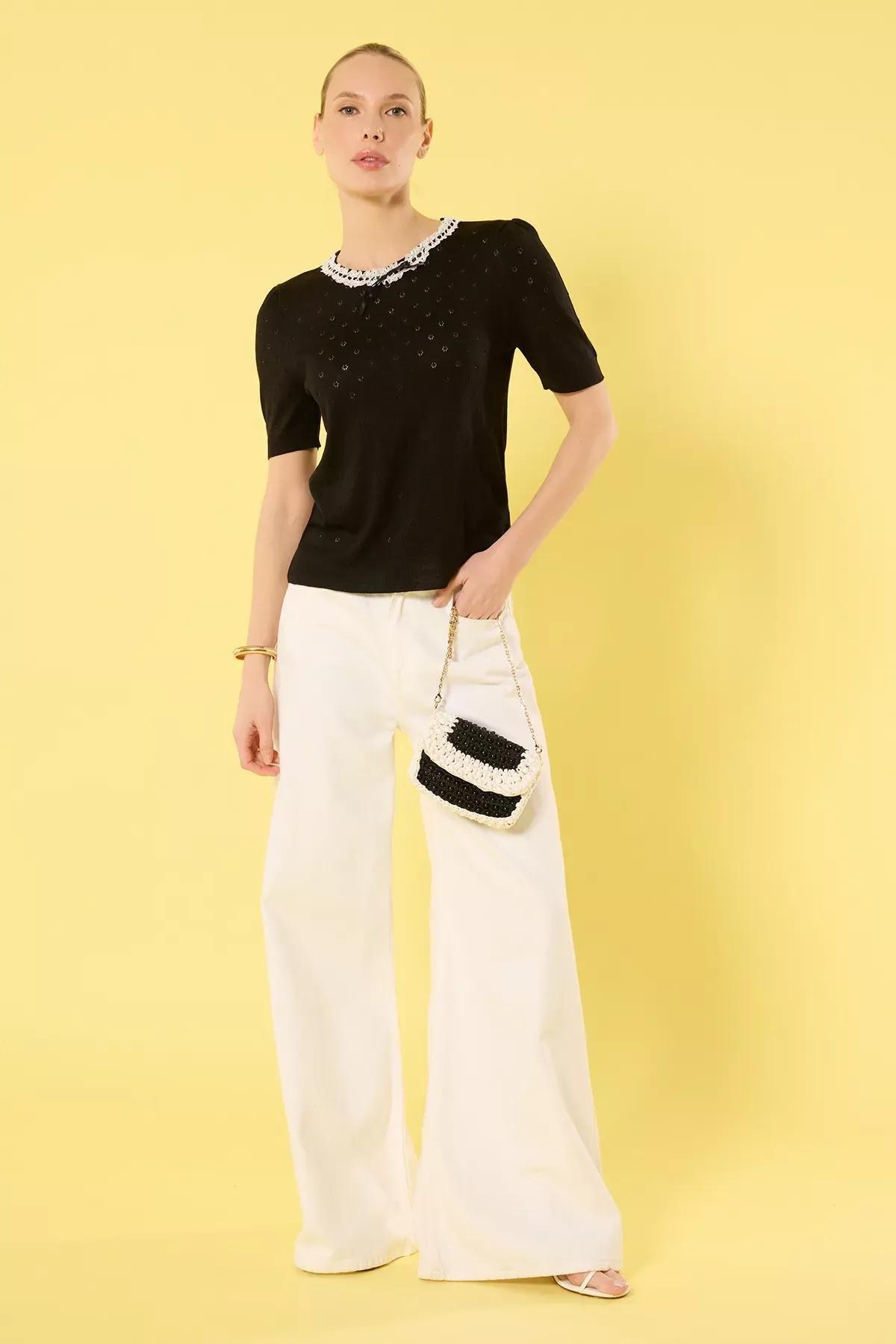 Black Lace Detailed Knit Blouse, , large image number 1