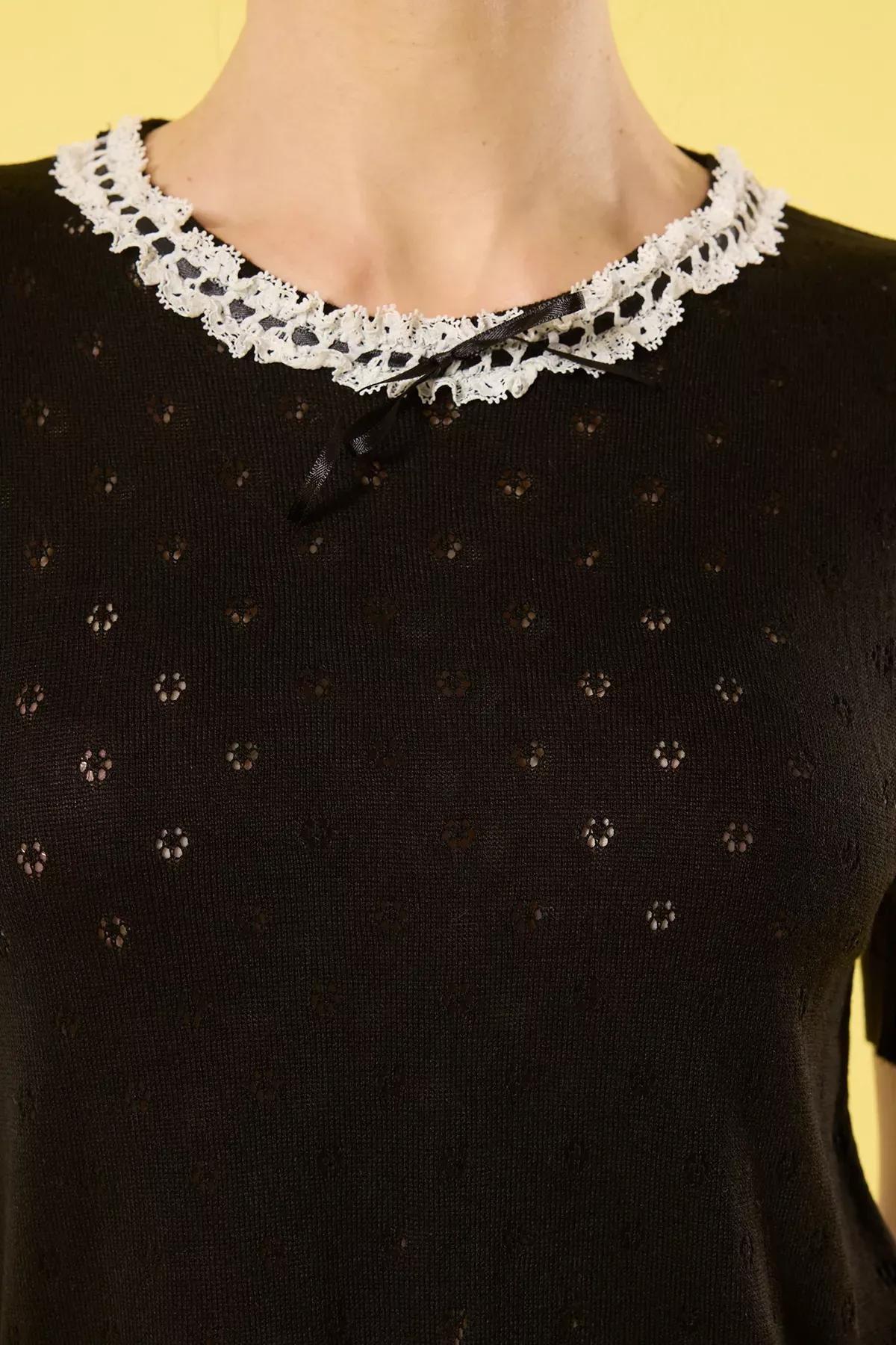 Black Lace Detailed Knit Blouse, , large image number 2