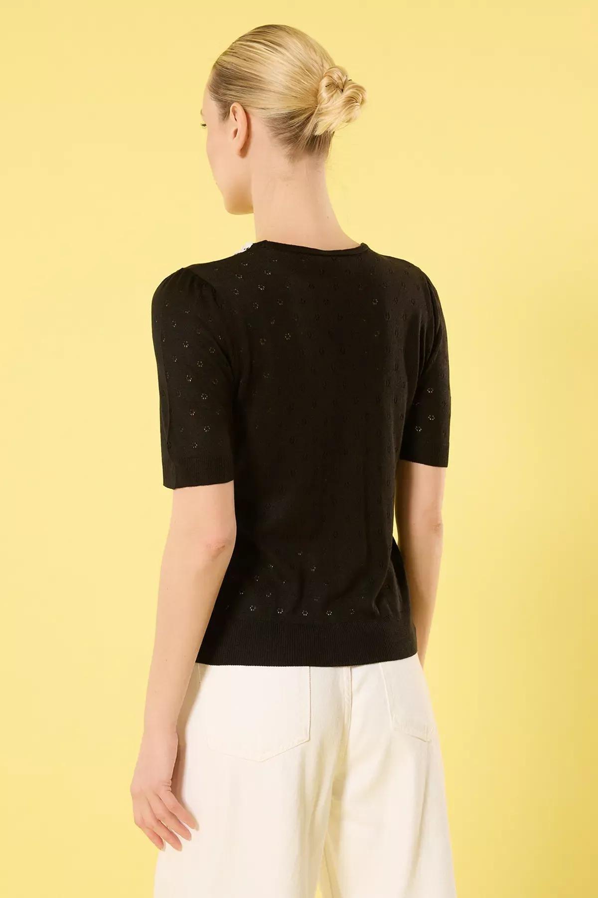 Black Lace Detailed Knit Blouse, , large image number 3