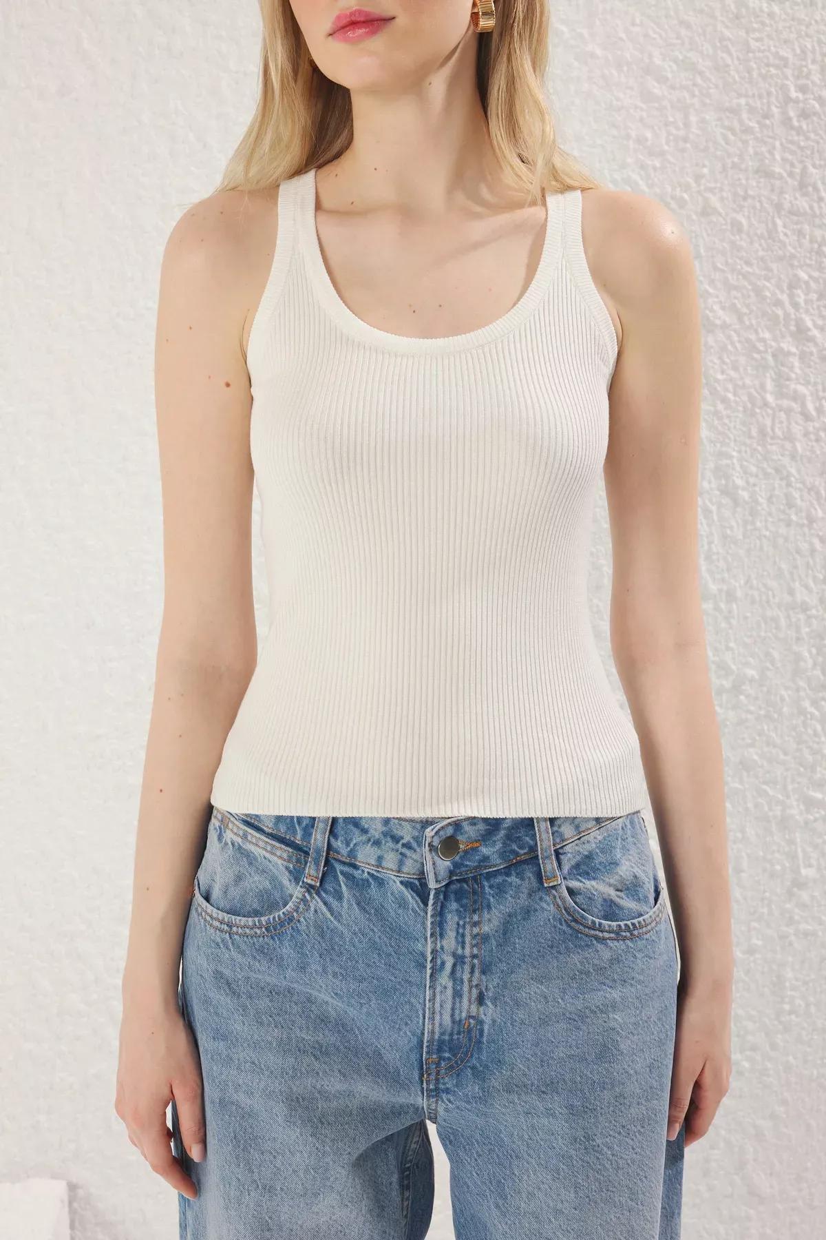 Beige Crew Neck Knit Blouse, Ecru, large image number 4