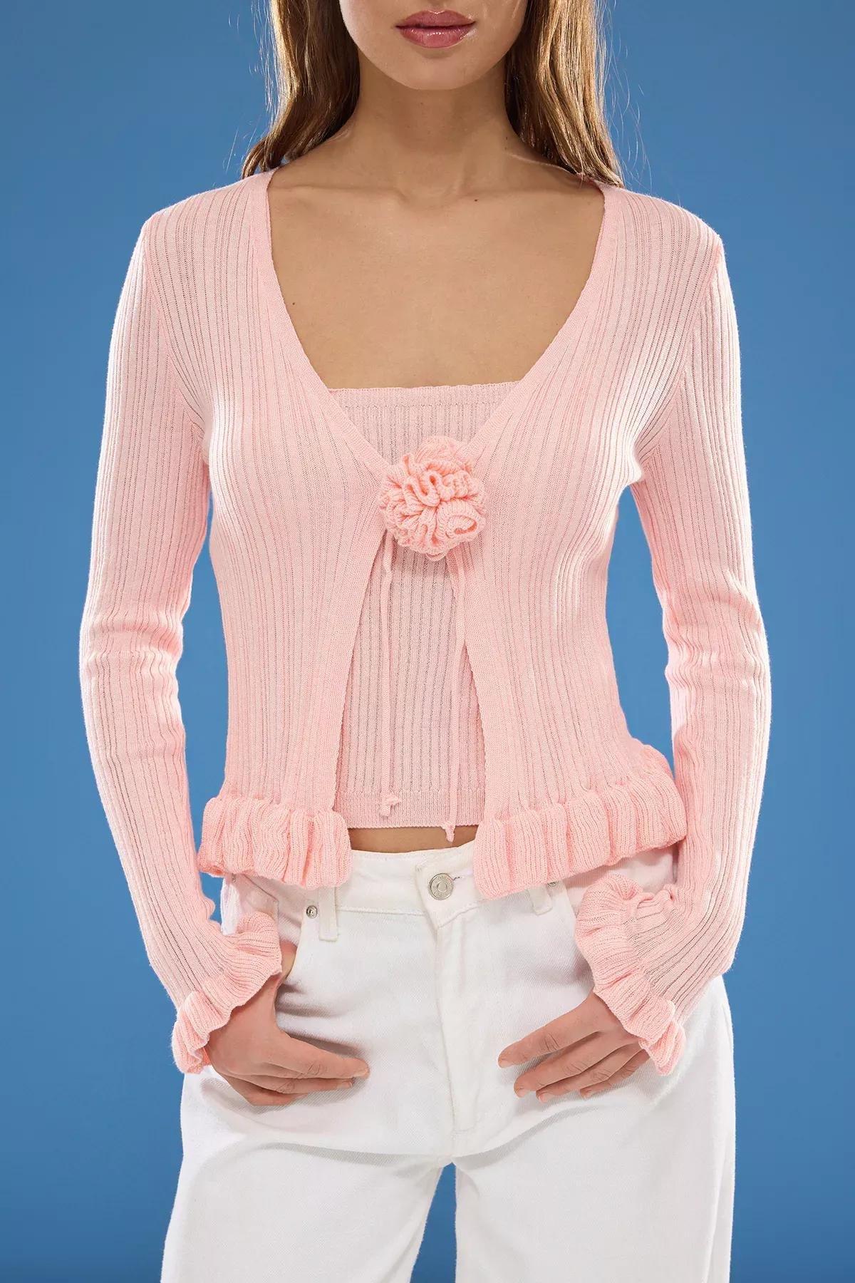 Pink Rose Frilled Hem Cardigan, , large image number 2