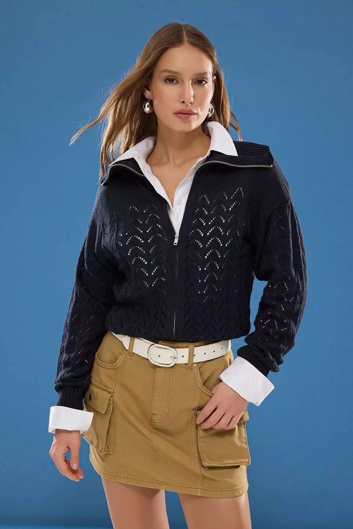 Blue Openwork Knit Cardigan, , large image number 0