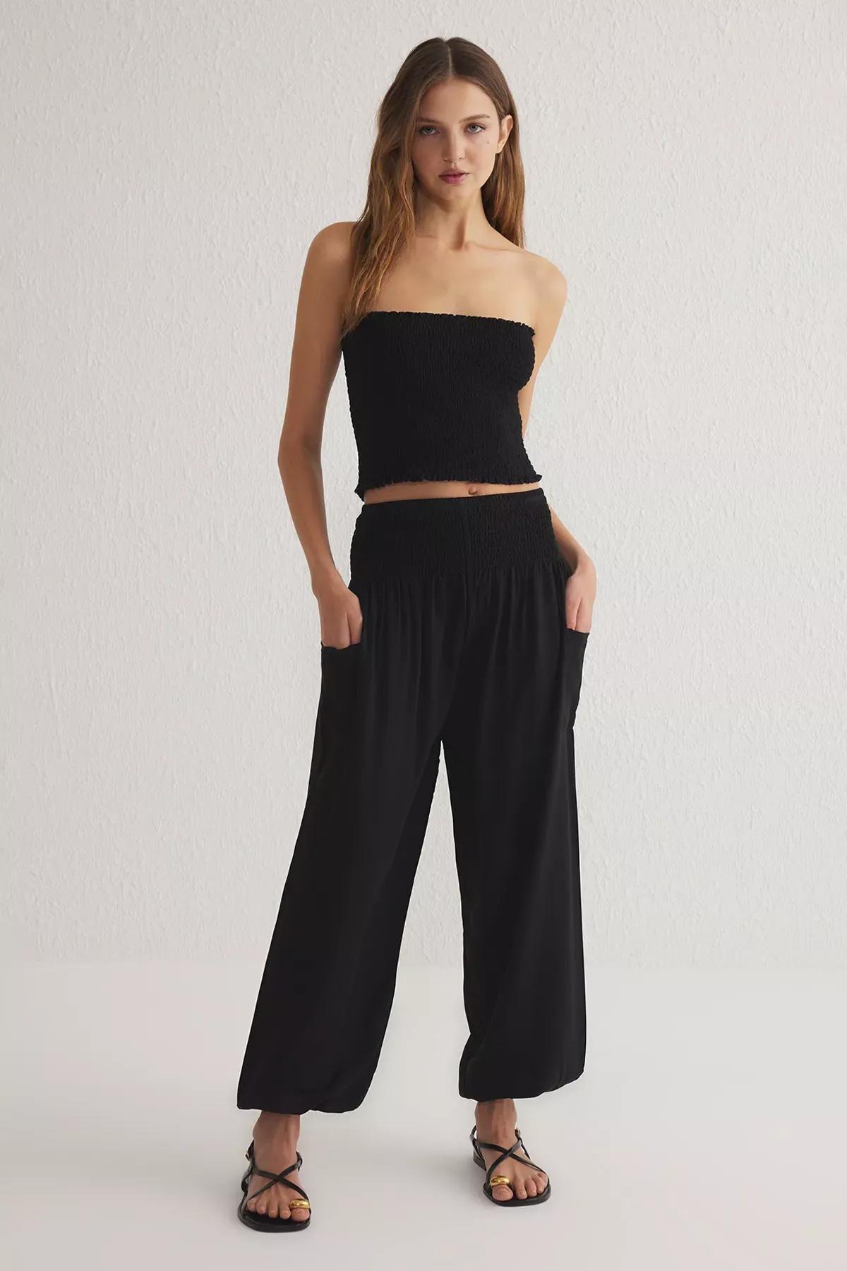 Black Elastic Shalwar Trousers, , large image number 0