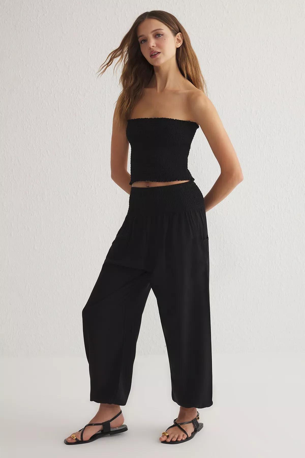 Black Elastic Shalwar Trousers, BLACK, large image number 1