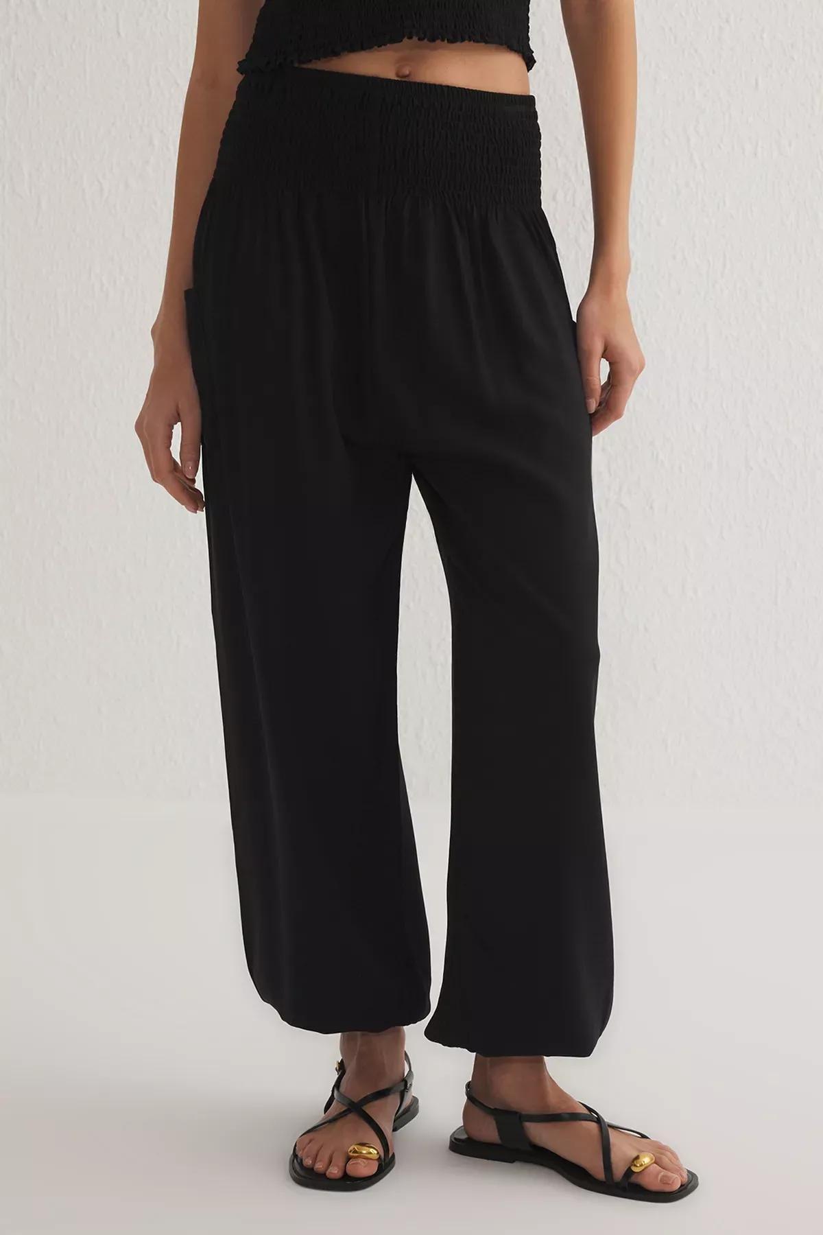 Black Elastic Shalwar Trousers, BLACK, large image number 3