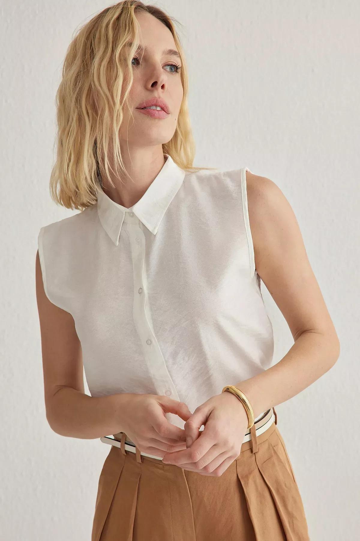 White Linen Sleeveless Shirt, White, large image number 1