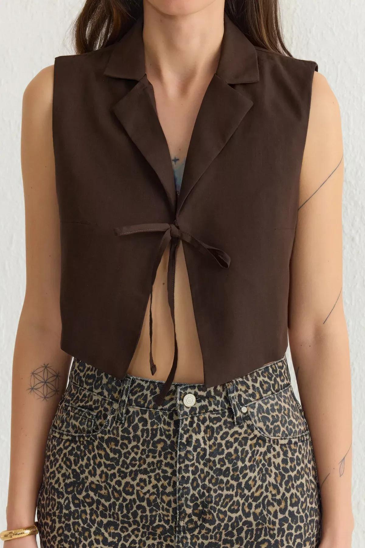 Brown Tie Front Woven Shirt, , large image number 2
