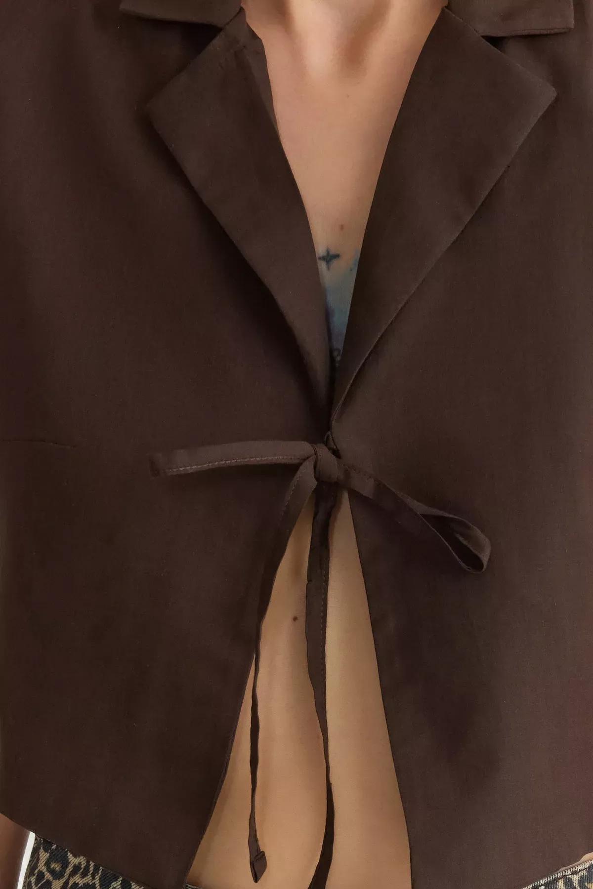 Brown Tie Front Woven Shirt, , large image number 3