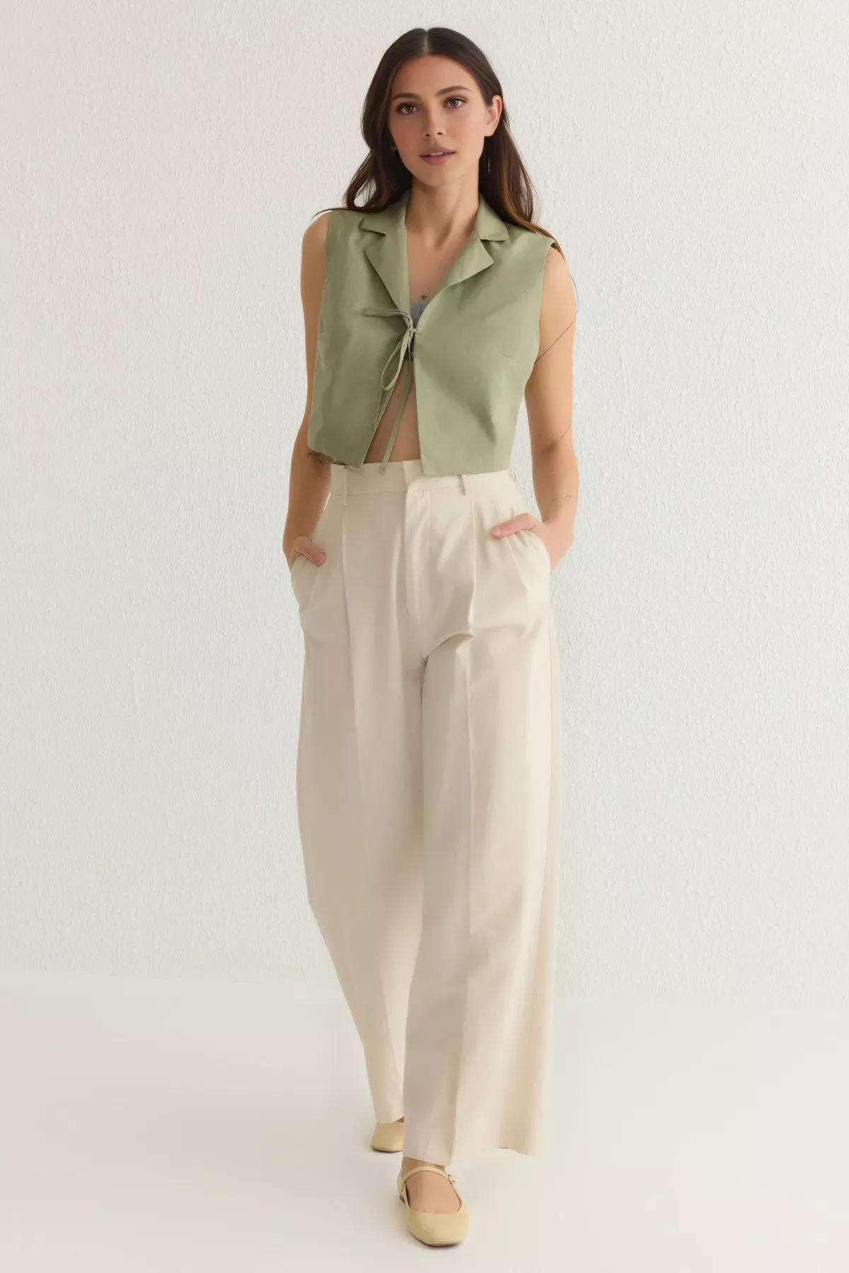 Green Front Tie Woven Shirt, , large image number 0