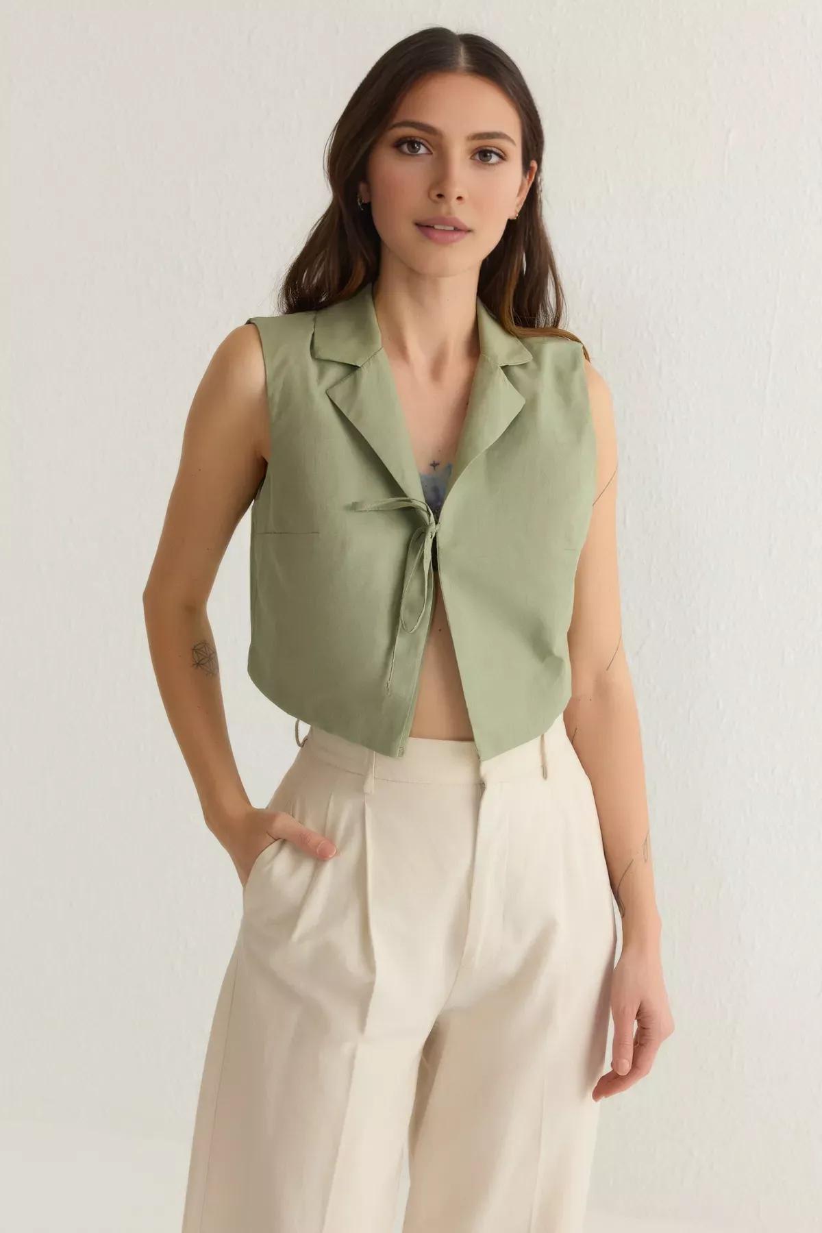 Green Front Tie Woven Shirt, , large image number 1