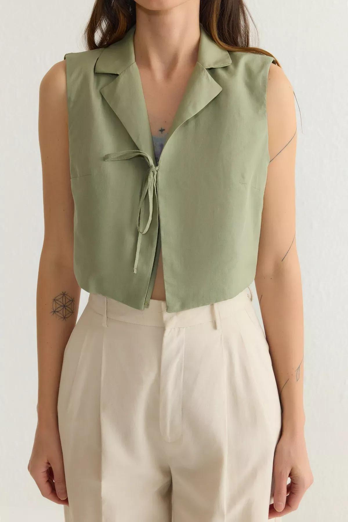 Green Front Tie Woven Shirt, , large image number 2