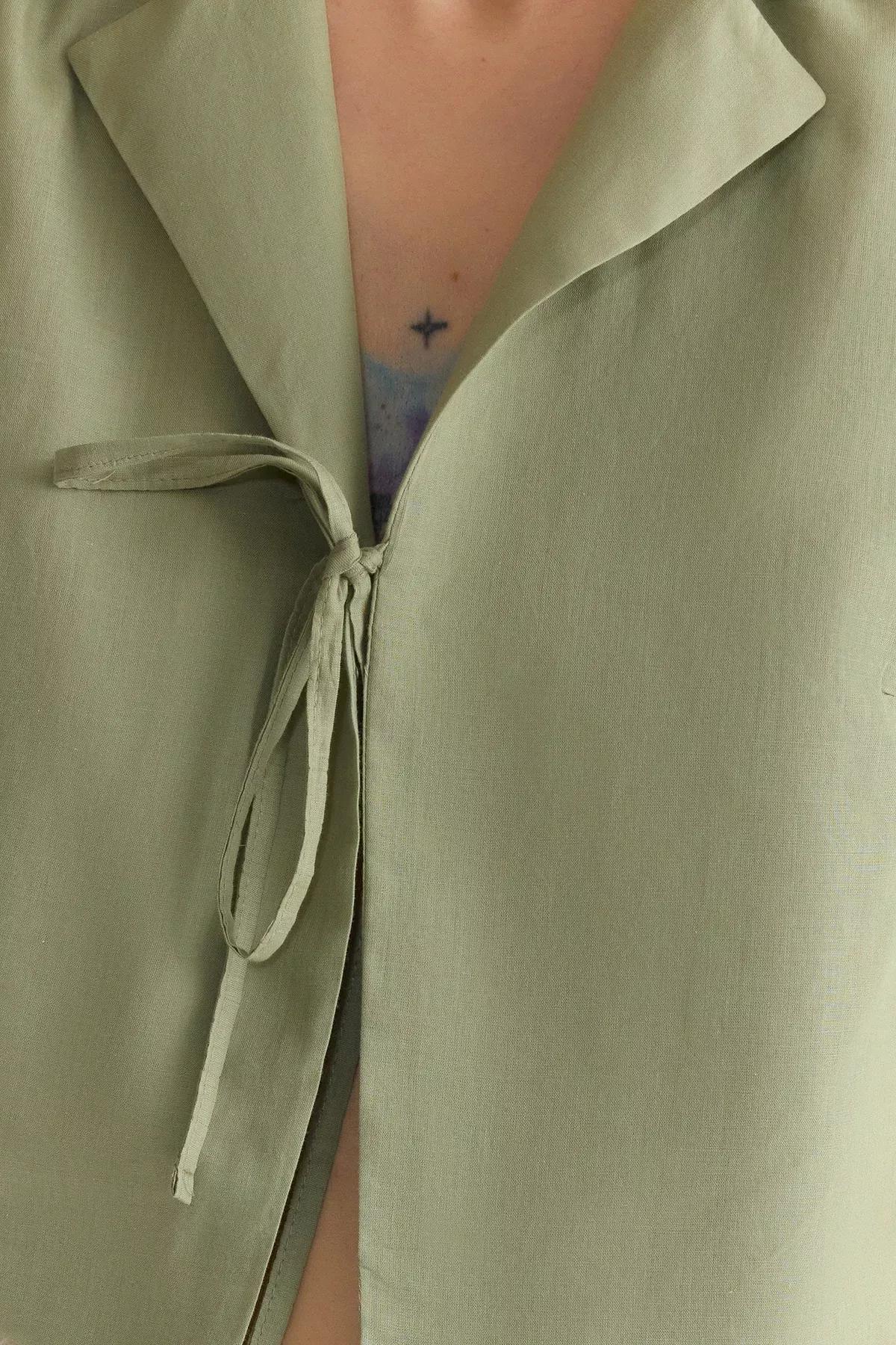 Green Front Tie Woven Shirt, , large image number 3