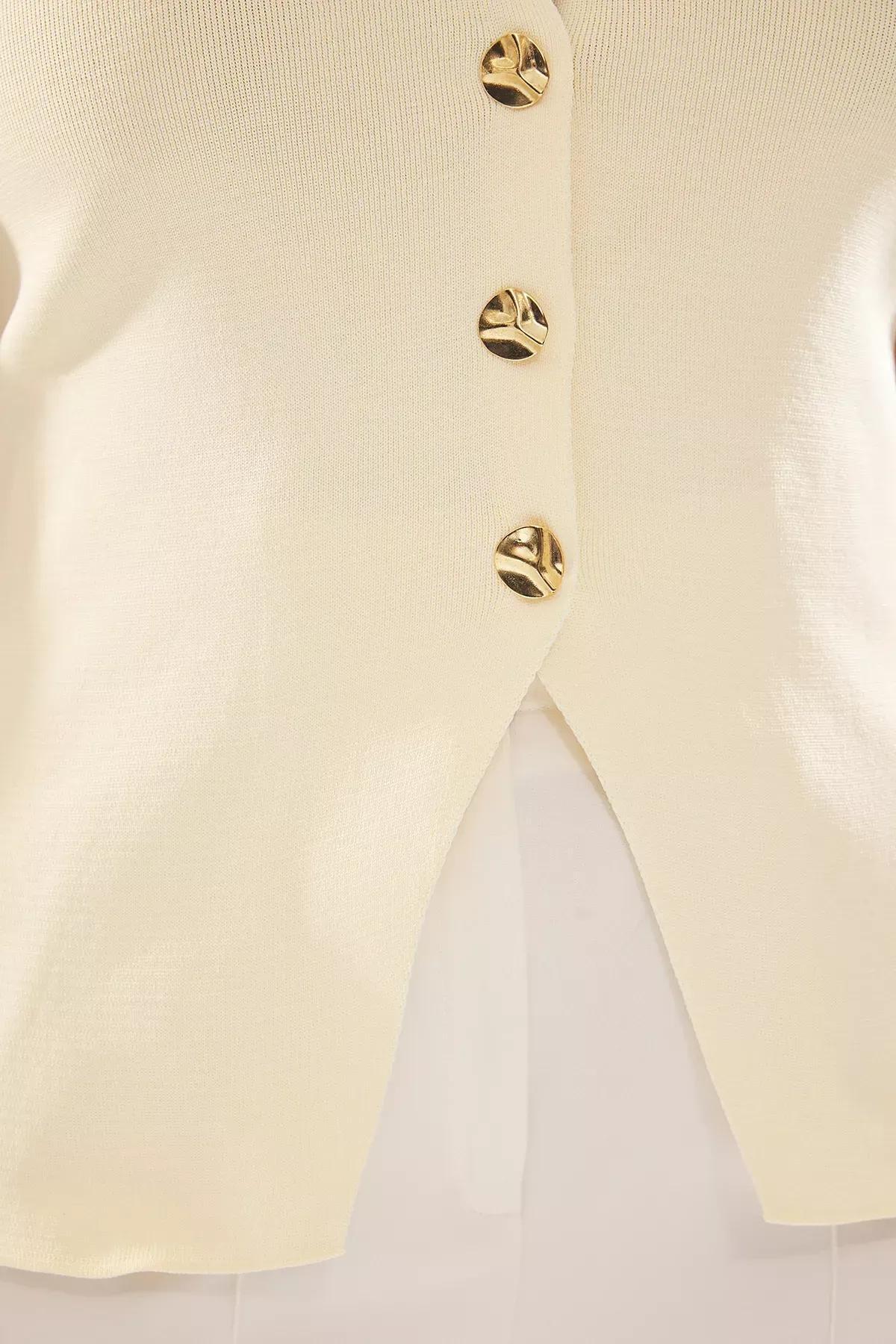 Beige Button Detail Knitted Vest, Ecru, large image number 4