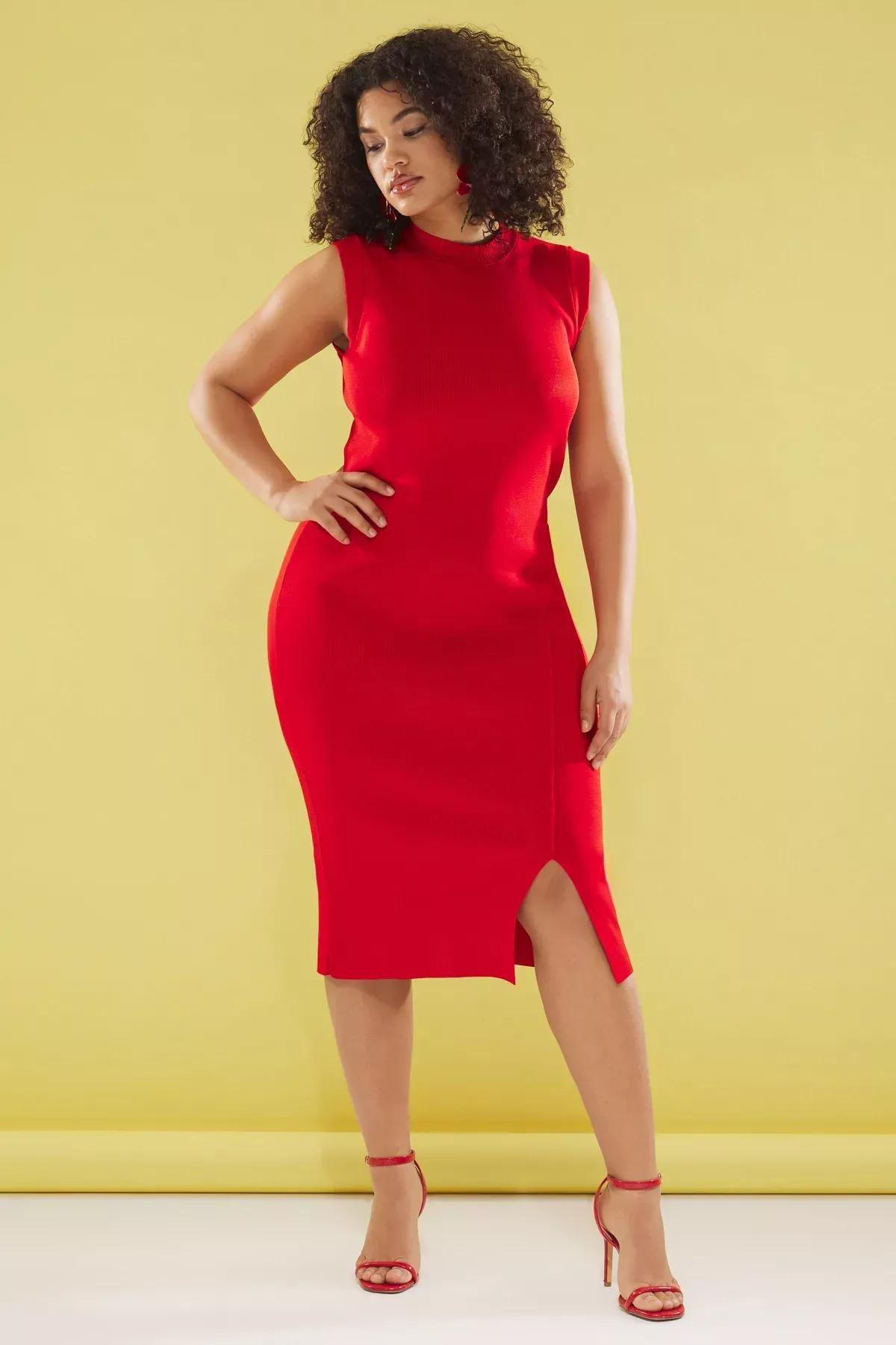 Red Slit Detailed Midi Knit Dress, Red, large image number 0