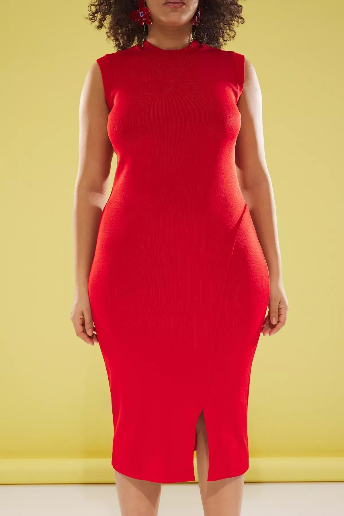 Red Slit Detailed Midi Knit Dress, Red, large image number 3