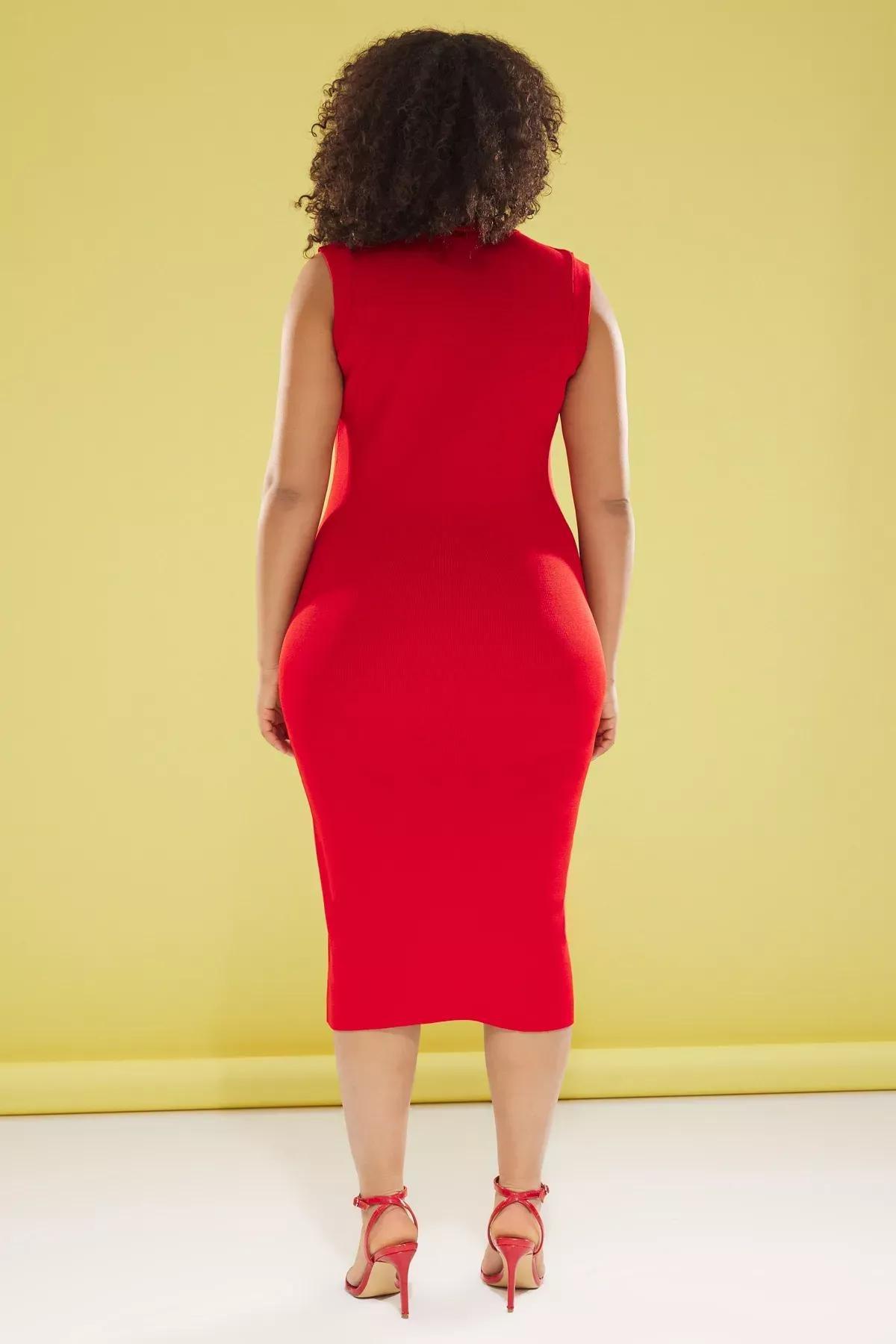 Red Slit Detailed Midi Knit Dress, Red, large image number 4