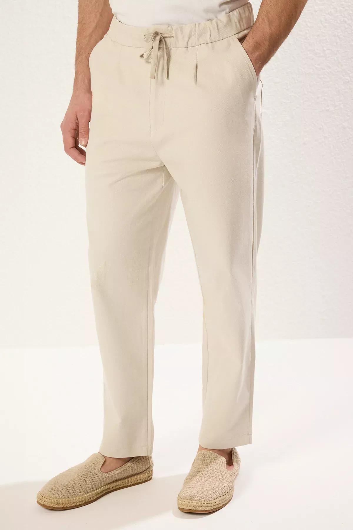 Beige Tapered Skinny Textured Trousers, , large image number 2