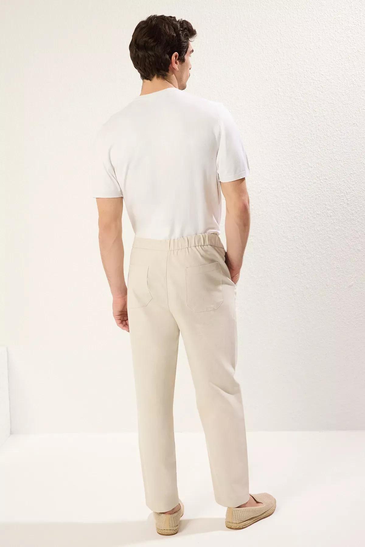 Beige Tapered Skinny Textured Trousers, , large image number 4