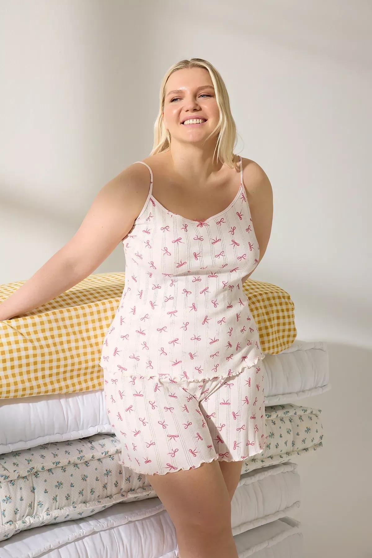 Pink Patterned Openwork Knitted Pyjamas Set, LIGHT PINK, large image number 1