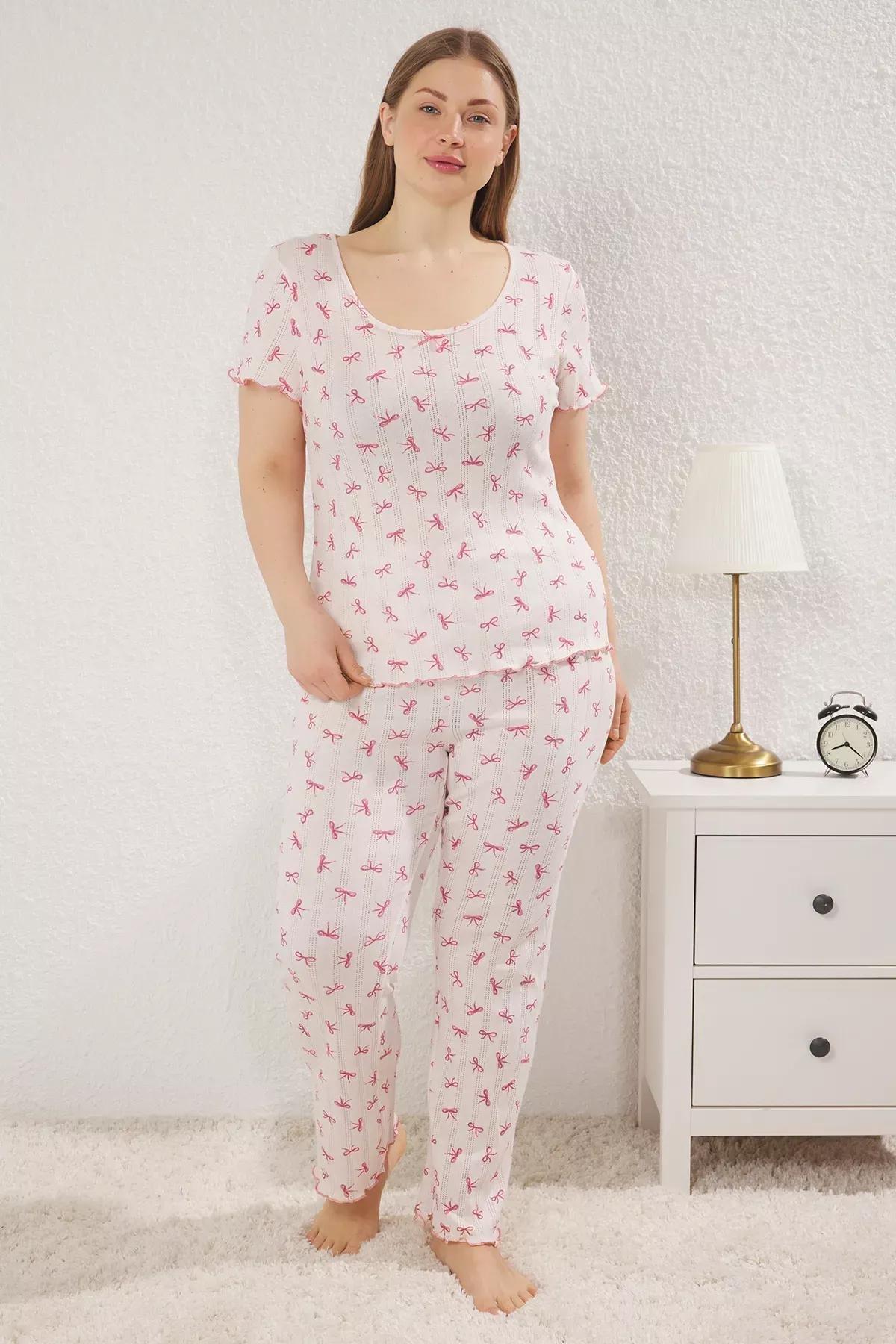 Pink Ribbon/Bow Patterned Pointel Openwork/Hole Knitted Pajama Set, LIGHT PINK, large image number 0