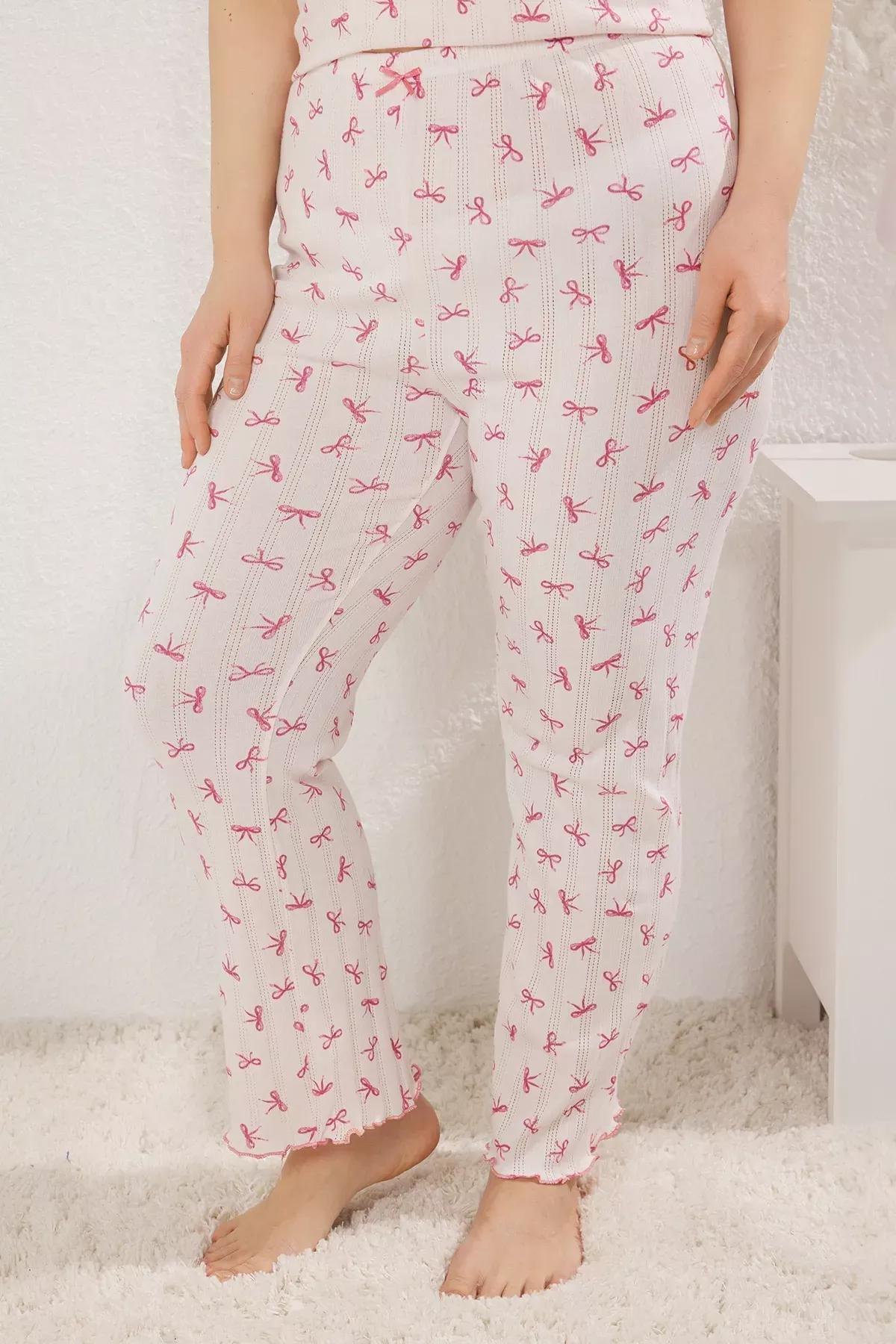 Pink Ribbon/Bow Patterned Pointel Openwork/Hole Knitted Pajama Set, LIGHT PINK, large image number 2