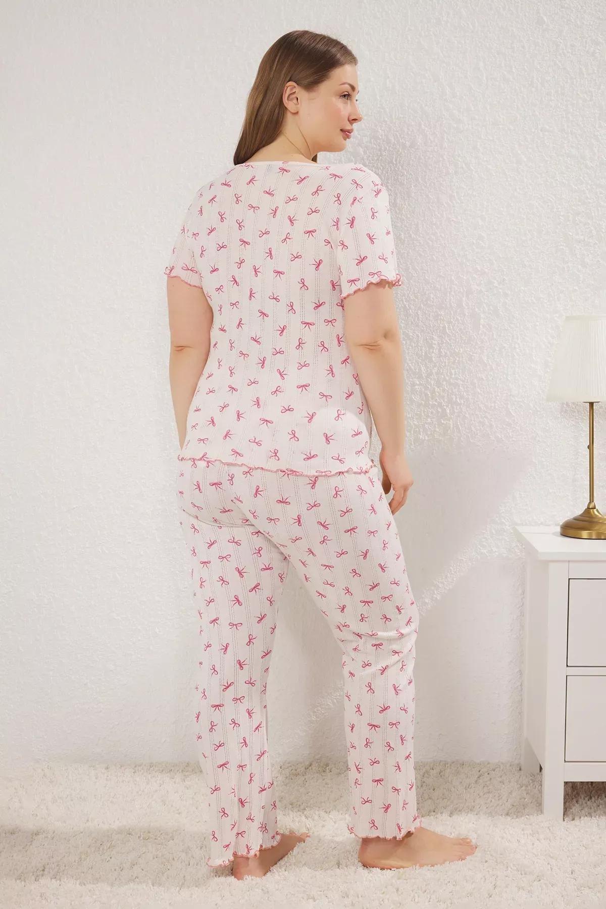 Pink Ribbon/Bow Patterned Pointel Openwork/Hole Knitted Pajama Set, LIGHT PINK, large image number 3