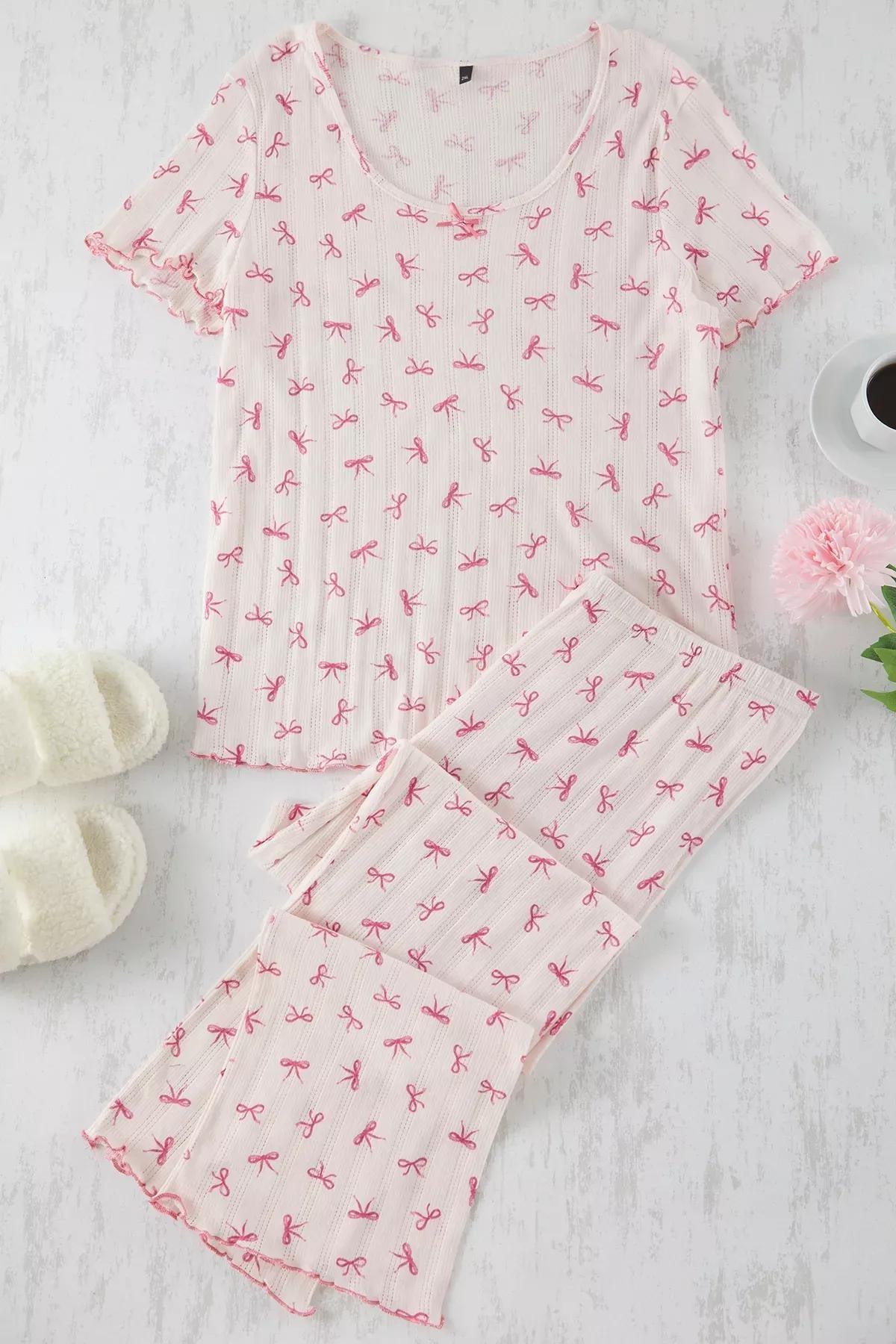 Pink Ribbon/Bow Patterned Pointel Openwork/Hole Knitted Pajama Set, LIGHT PINK, large image number 4