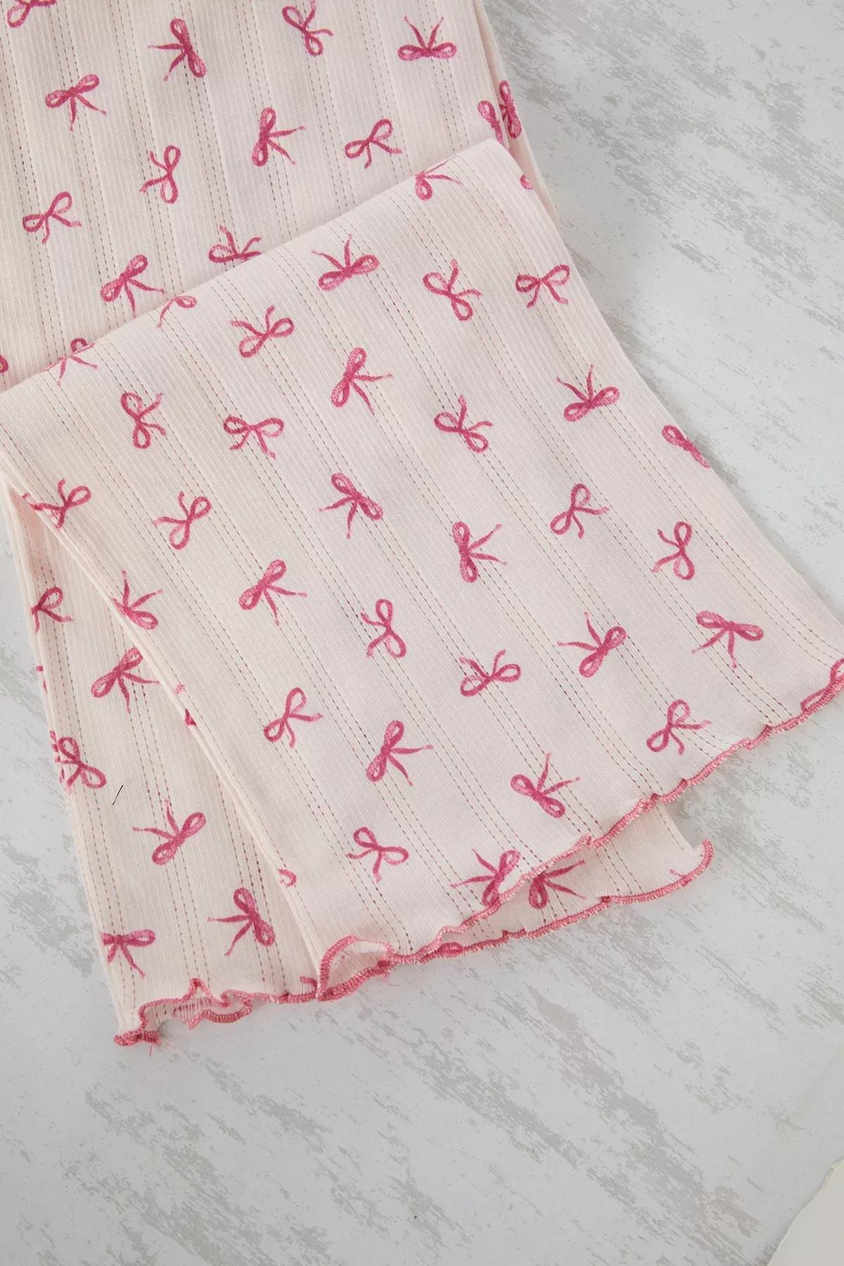 Pink Ribbon/Bow Patterned Pointel Openwork/Hole Knitted Pajama Set, LIGHT PINK, large image number 5