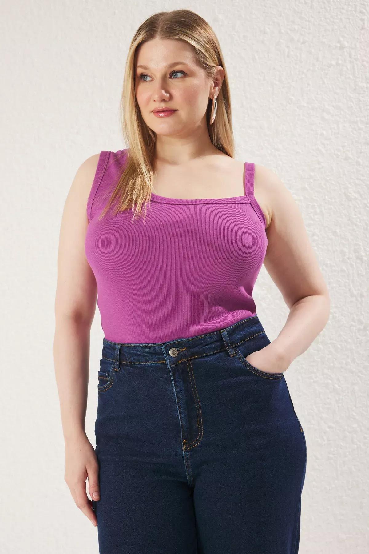 Purple Asymmetrical Collared Plus-Size Tank Top, Purple, large image number 0