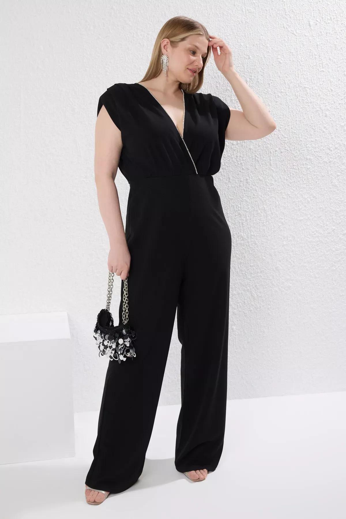 Black Double-Breasted Knitted Plus-Size Jumpsuit, , large image number 0