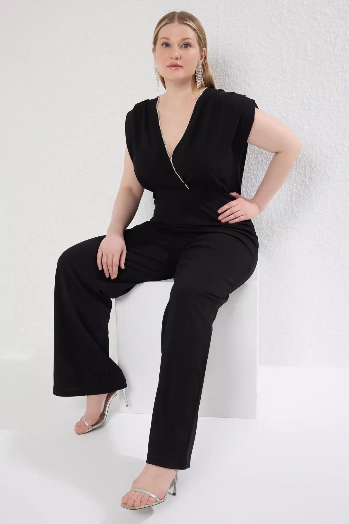 Black Double-Breasted Knitted Plus-Size Jumpsuit, , large image number 1