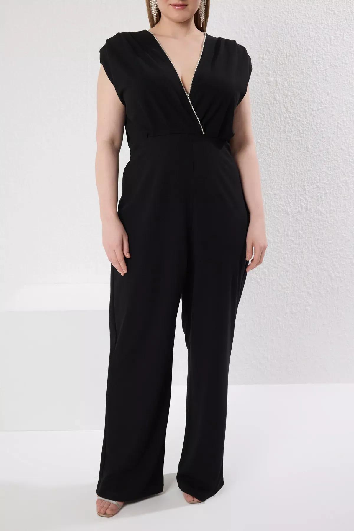 Black Double-Breasted Knitted Plus-Size Jumpsuit, , large image number 2
