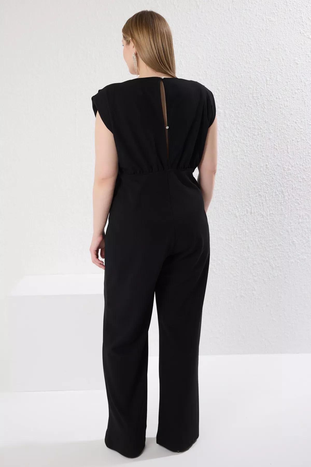 Black Double-Breasted Knitted Plus-Size Jumpsuit, , large image number 4