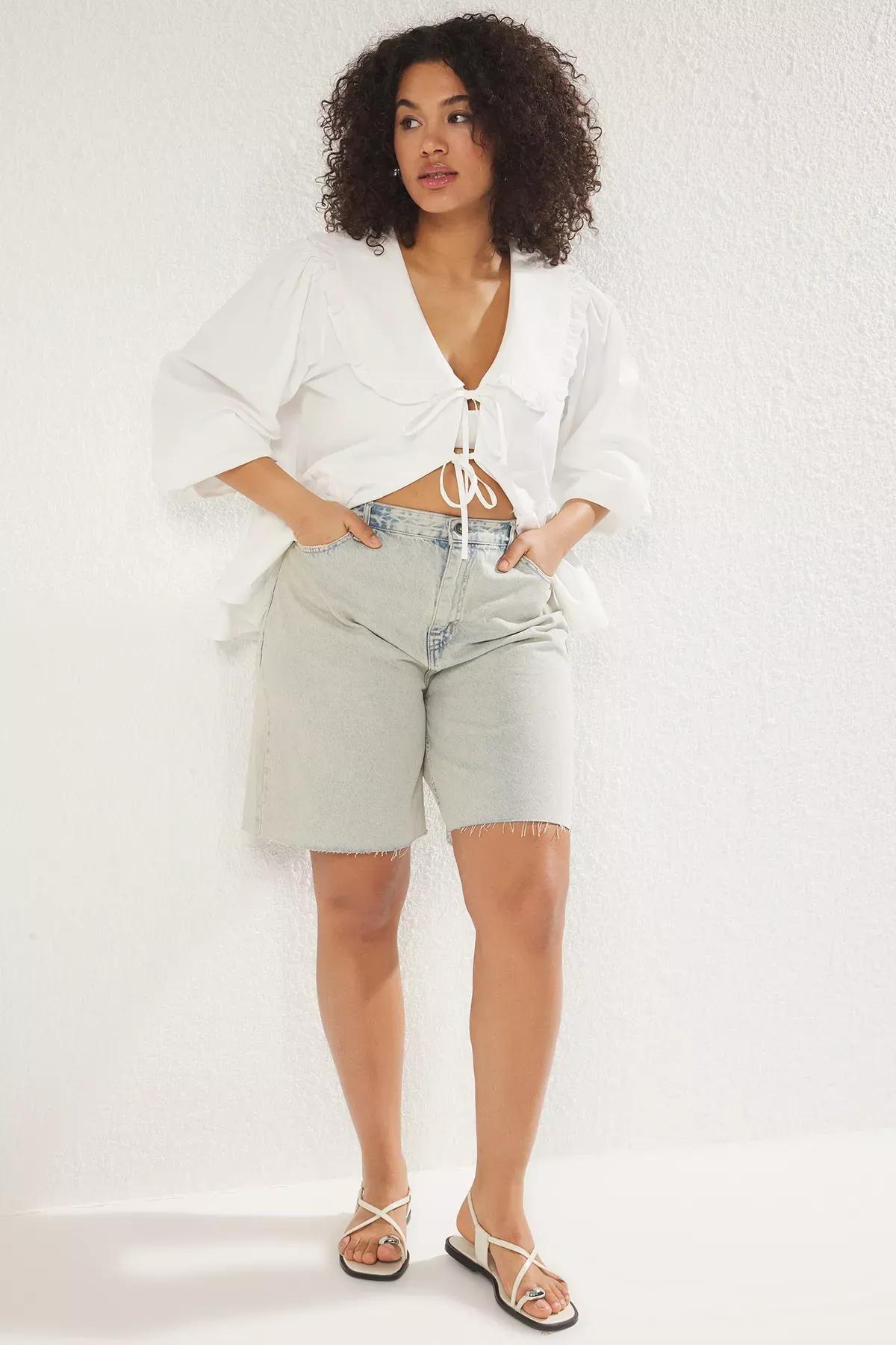 Blue Wide Leg Plus-Size Shorts, , large image number 1