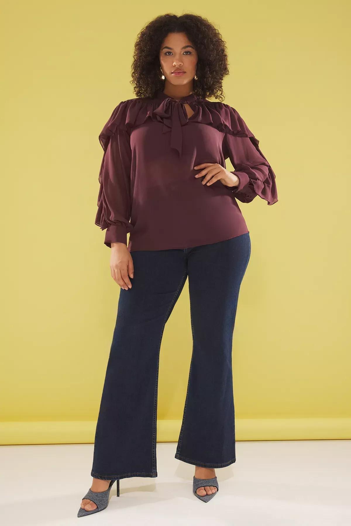 Burgundy Tie-Neck Ruffle Blouse, , large image number 0