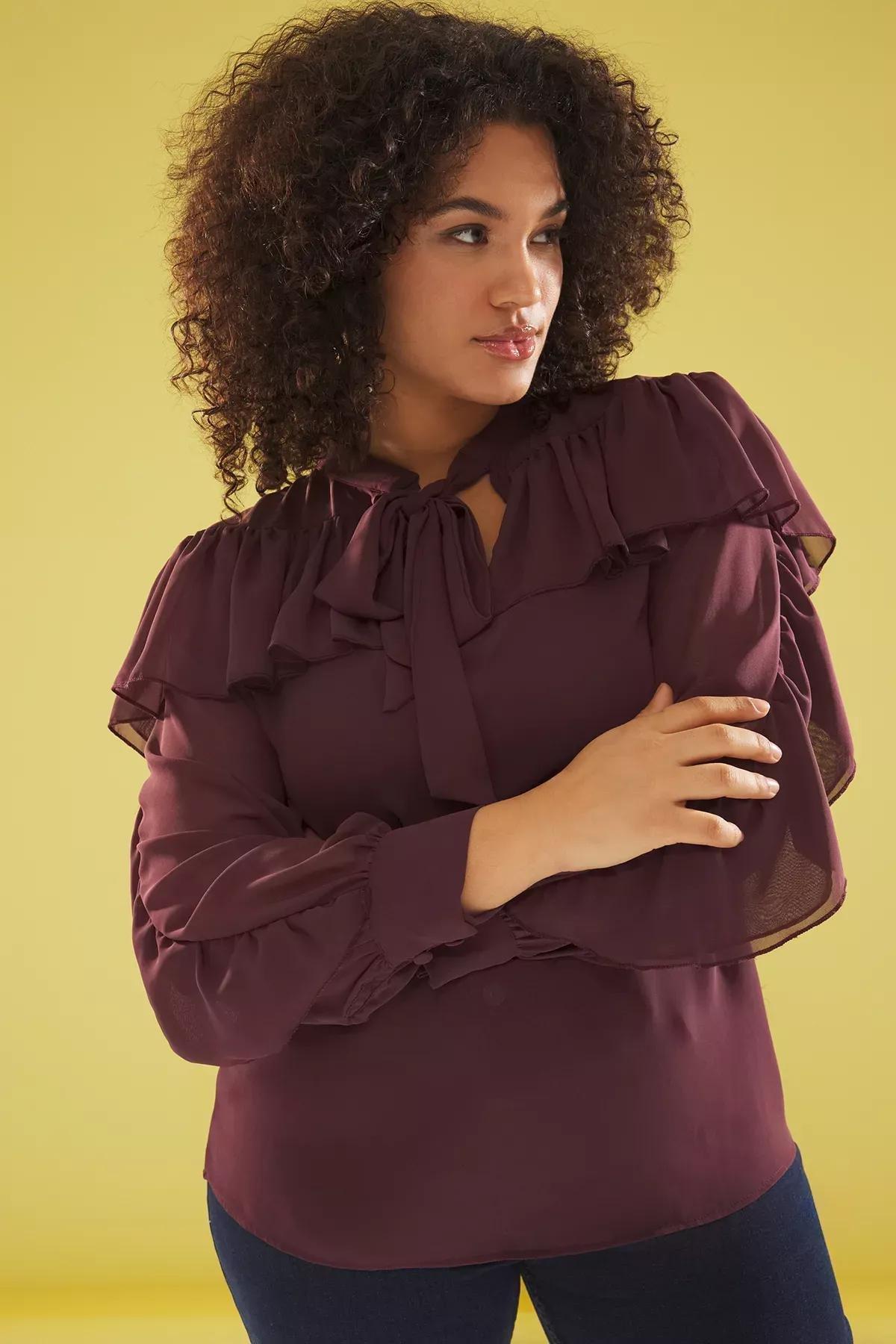 Burgundy Tie-Neck Ruffle Blouse, , large image number 1