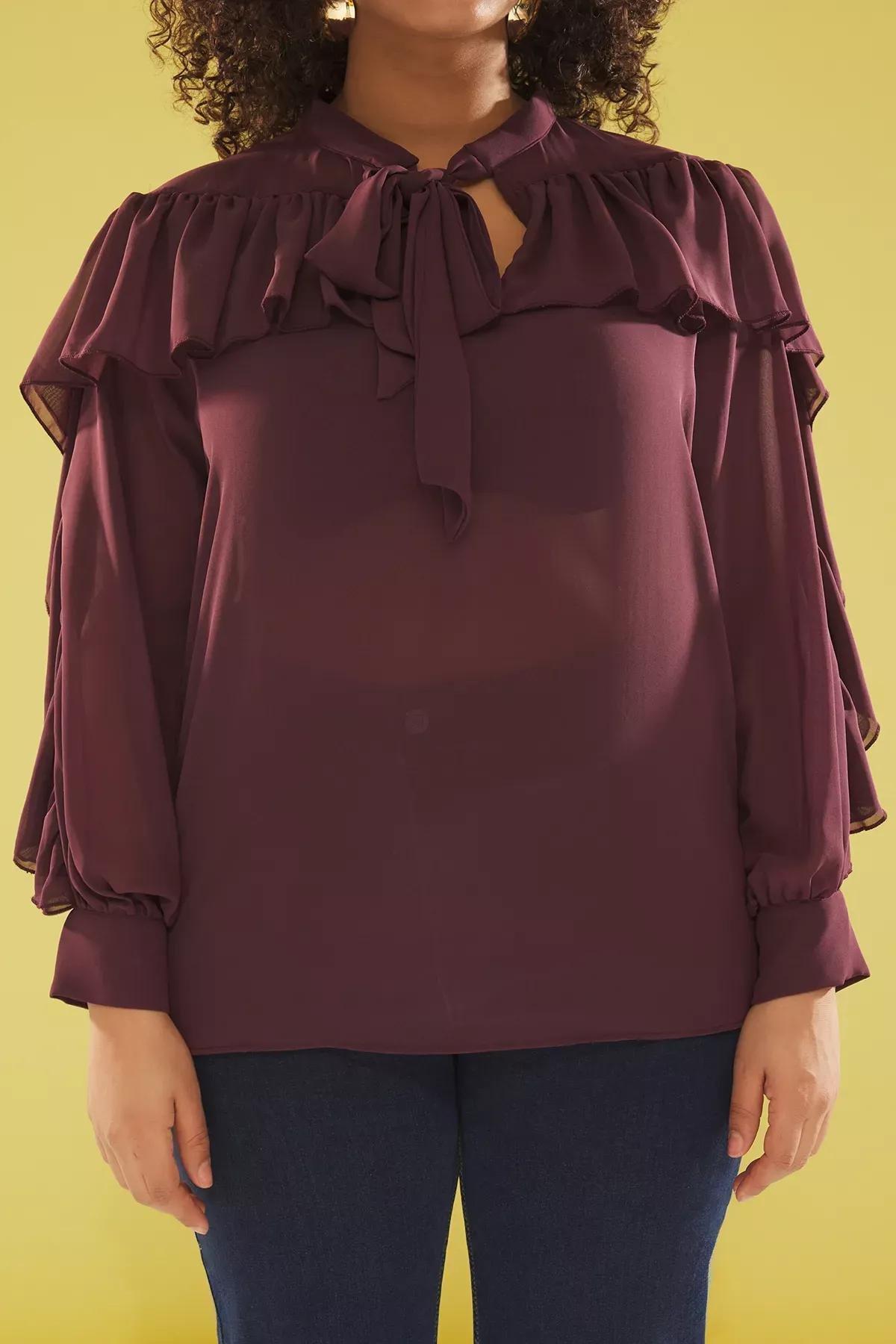 Burgundy Tie-Neck Ruffle Blouse, , large image number 2