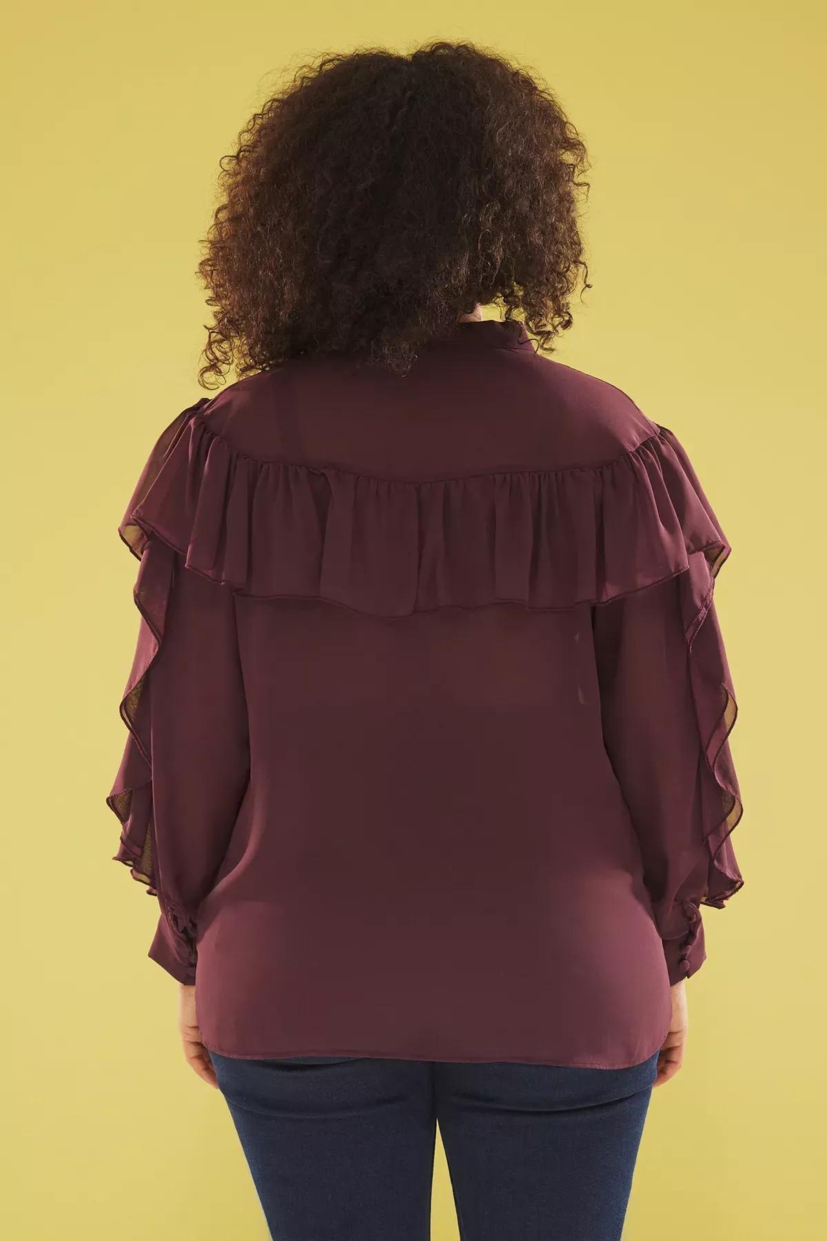 Burgundy Tie-Neck Ruffle Blouse, , large image number 4