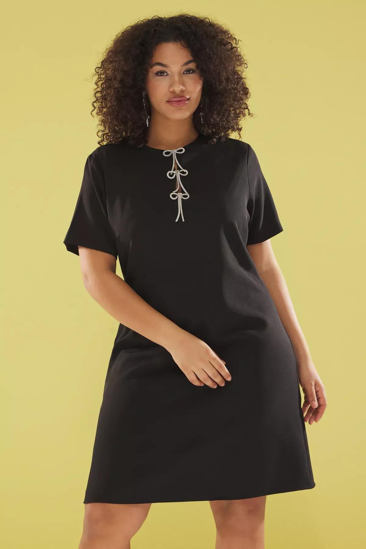 Black Bow Mini Plus-Size Dress, BLACK, large image number 1