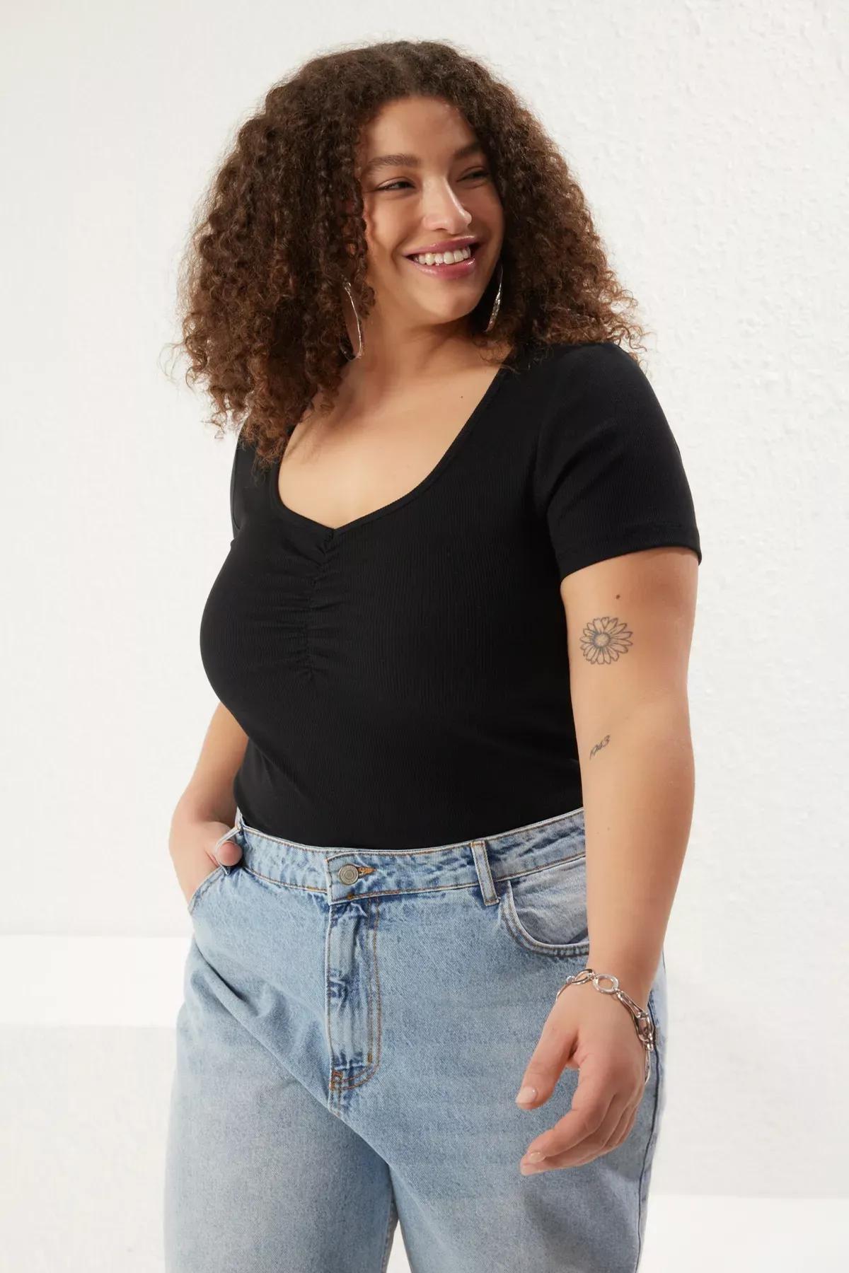 Black V-Neck Gathered Ribbed Plus-Size Blouse, , large image number 0