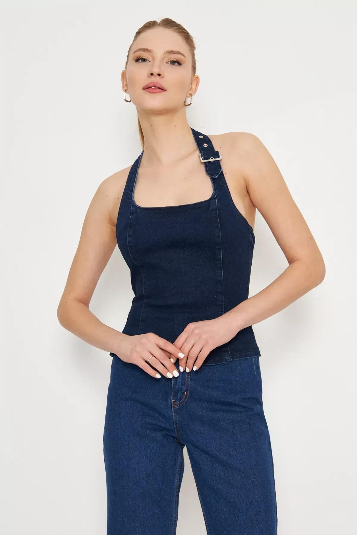 Blue Buckle Halter Denim Blouse, , large image number 0