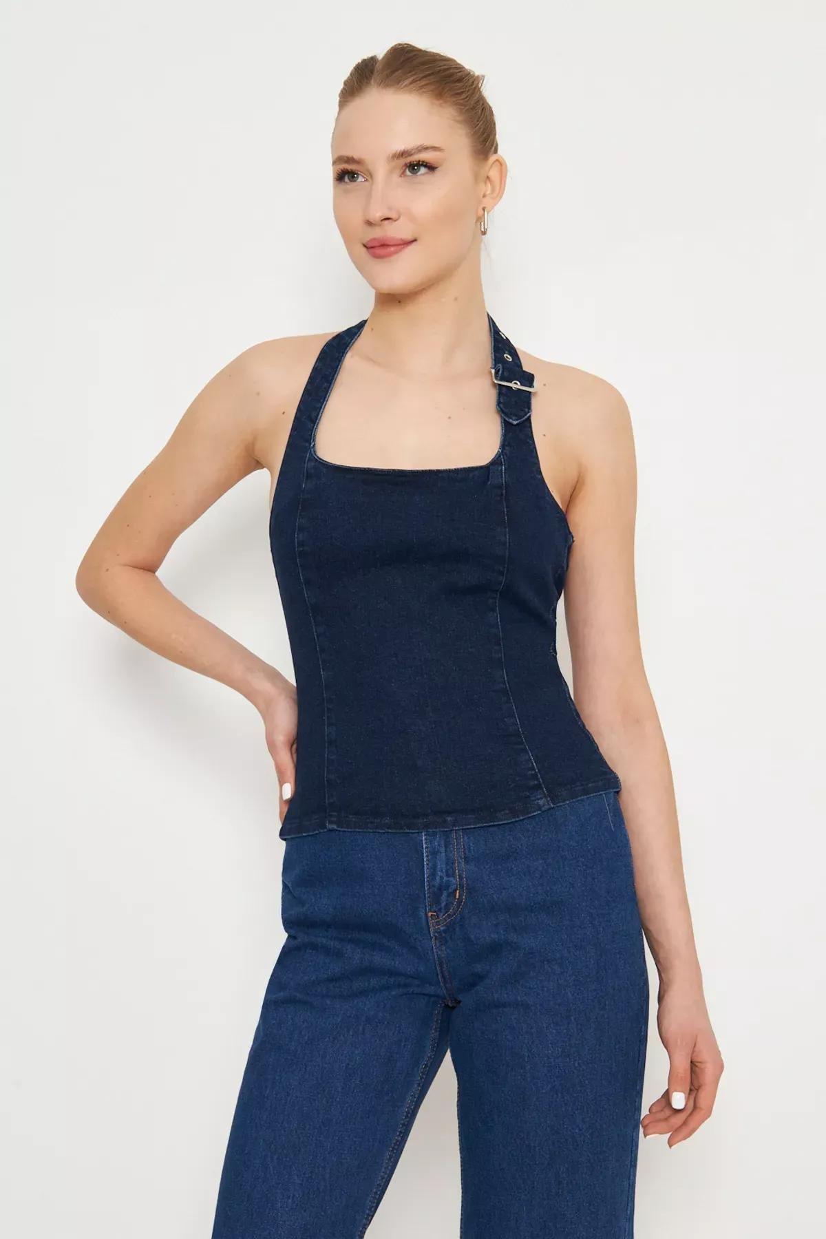 Blue Buckle Halter Denim Blouse, , large image number 3