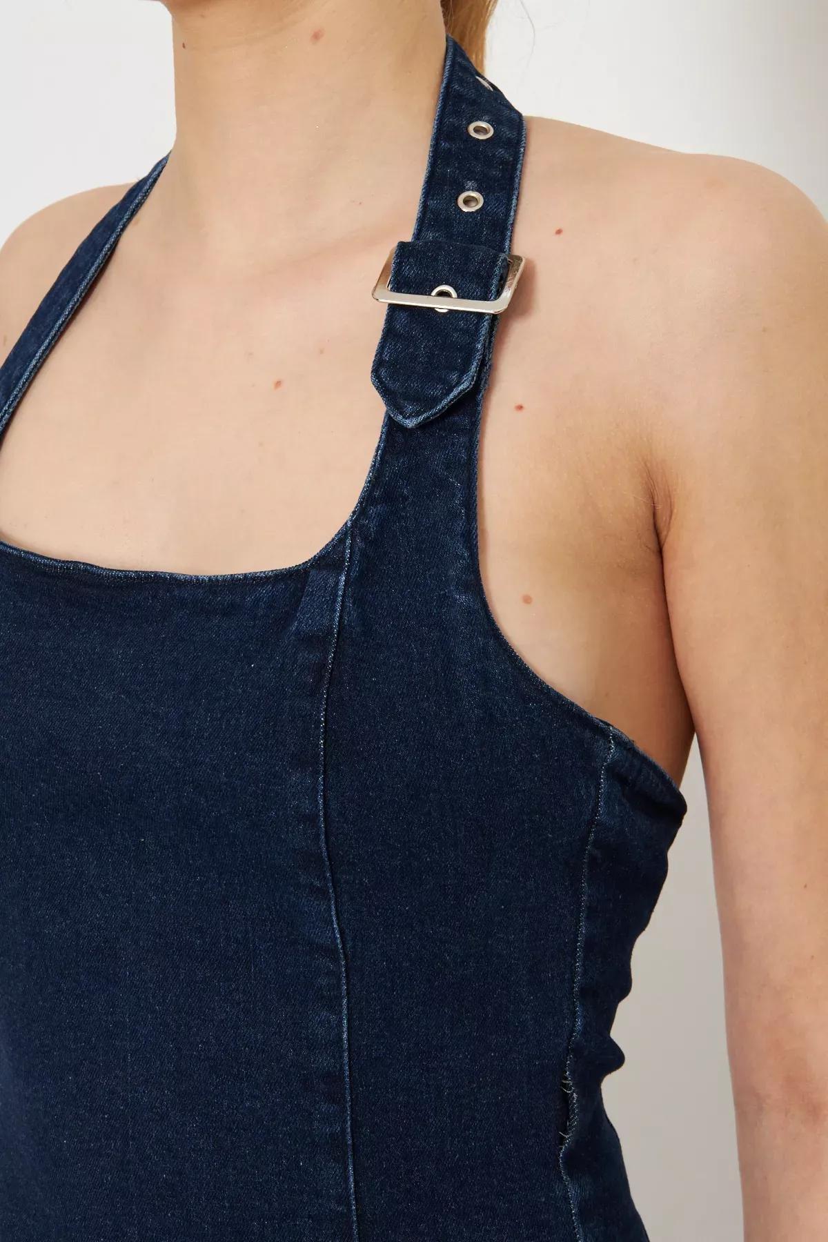 Blue Buckle Halter Denim Blouse, , large image number 5