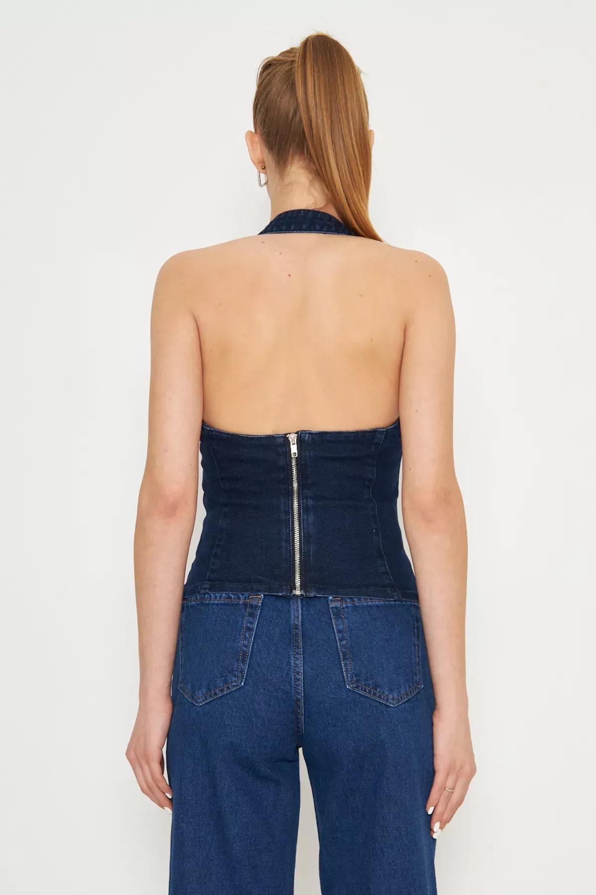 Blue Buckle Halter Denim Blouse, , large image number 6