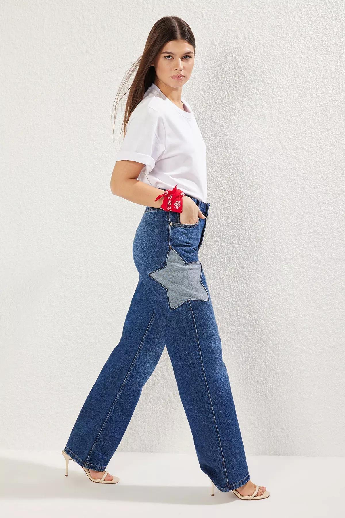 جينز بقصة ساق عريضة بنجوم، أزرق, Blue, large image number 1