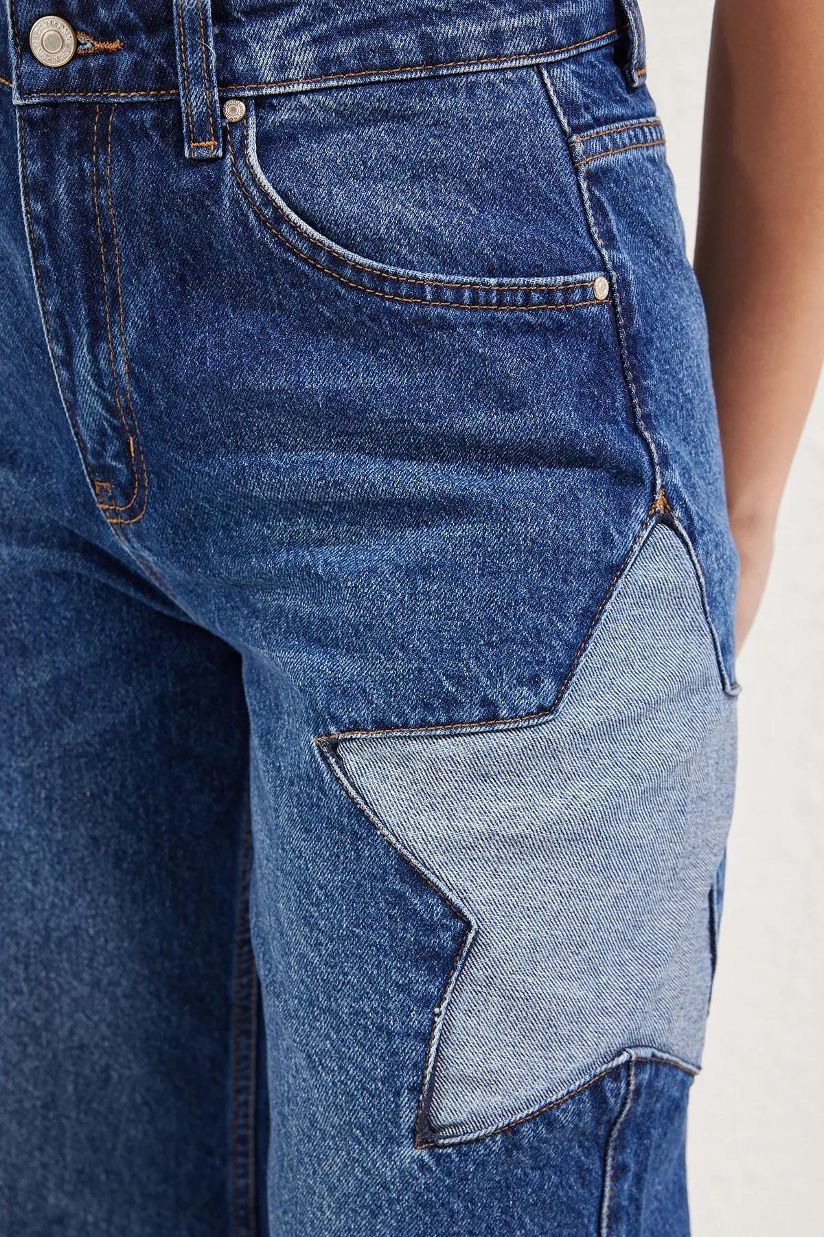 جينز بقصة ساق عريضة بنجوم، أزرق, Blue, large image number 3