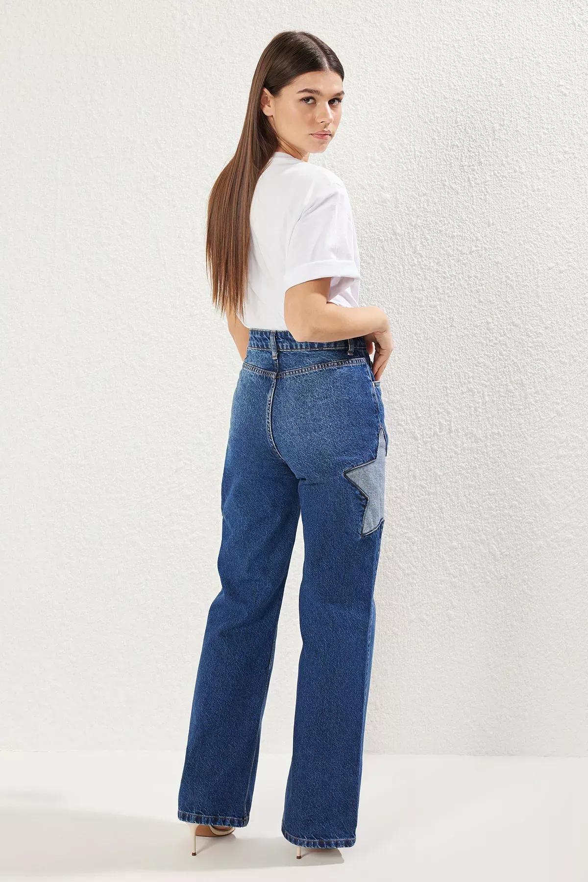 جينز بقصة ساق عريضة بنجوم، أزرق, Blue, large image number 4