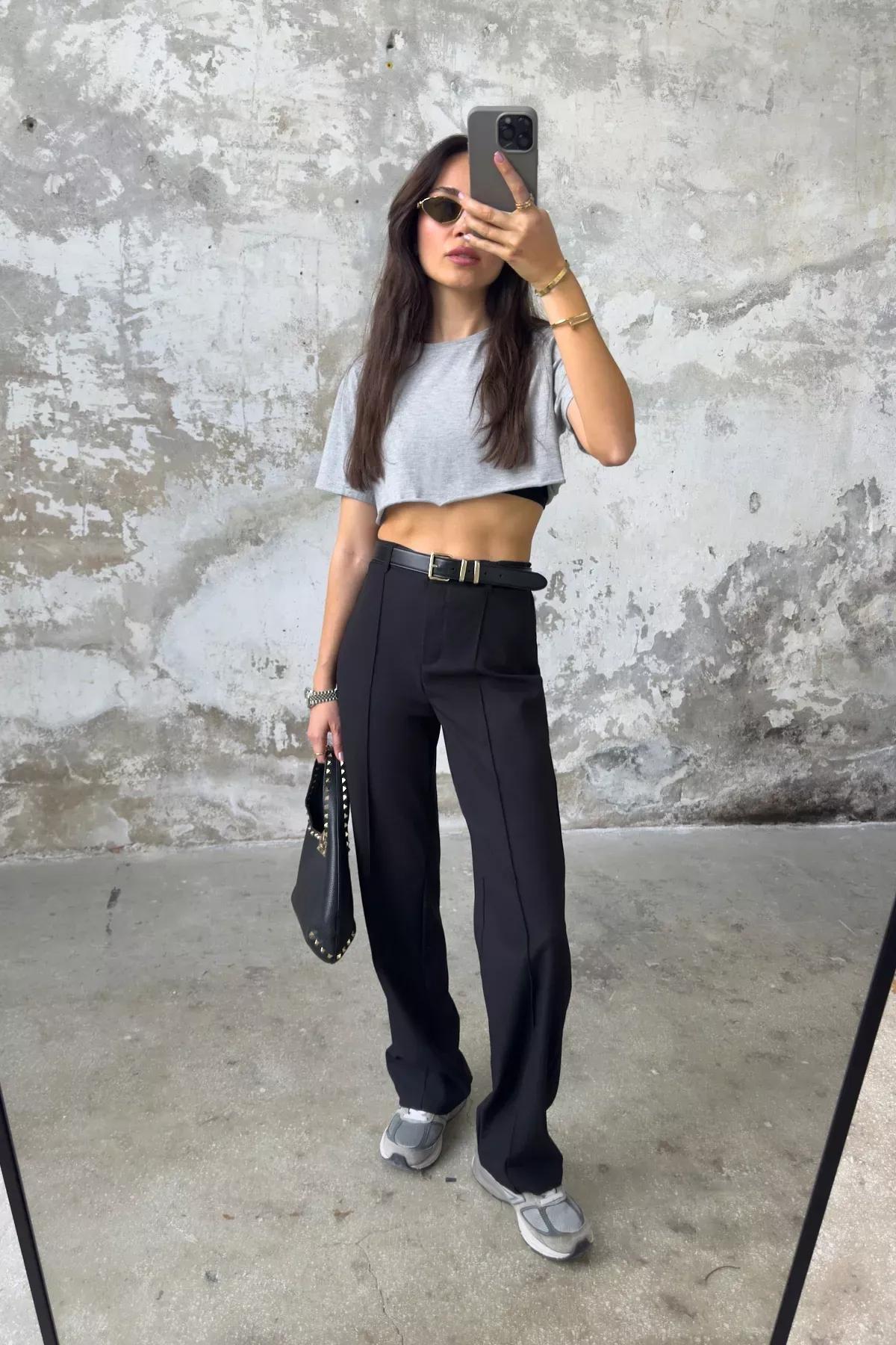 Black Straight Cut Woven Trousers, BLACK, large image number 1