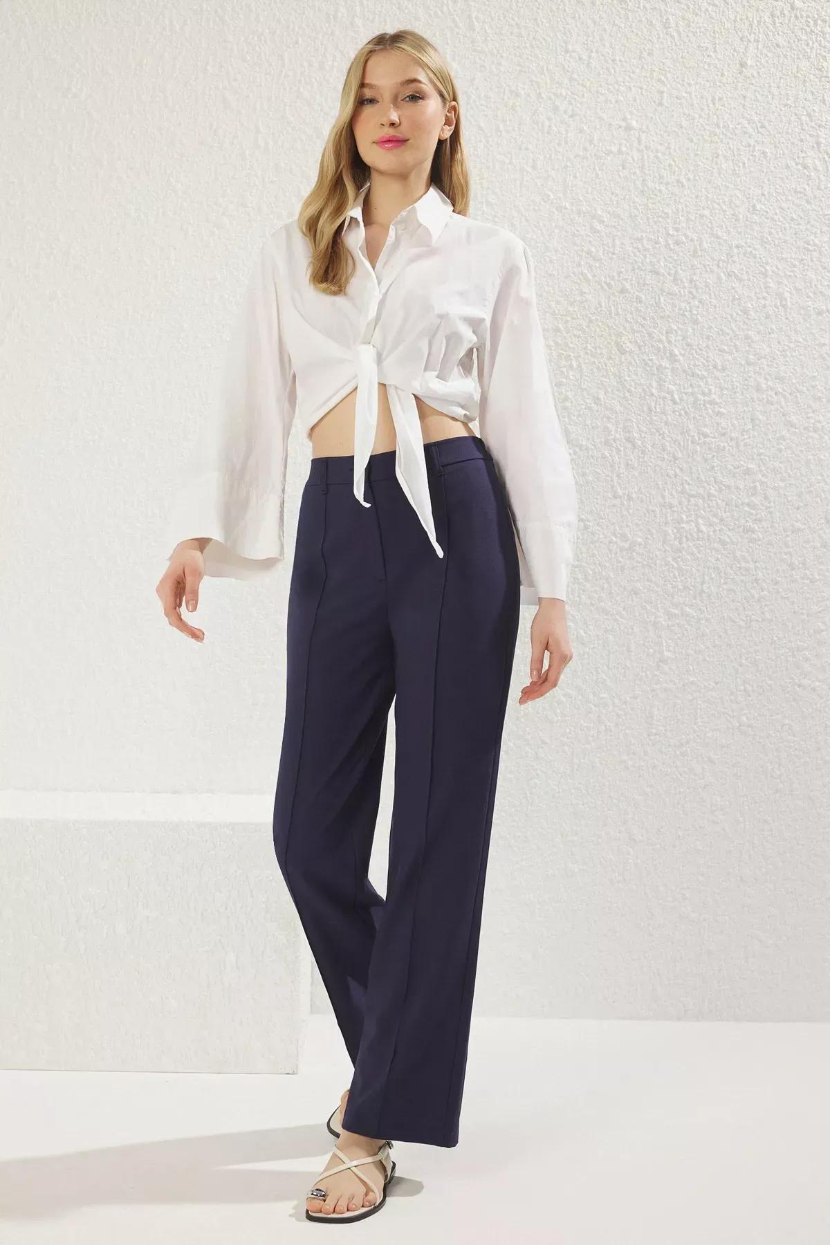 Navy Ribbed Straight Cut Trousers, Navy blue, large image number 0