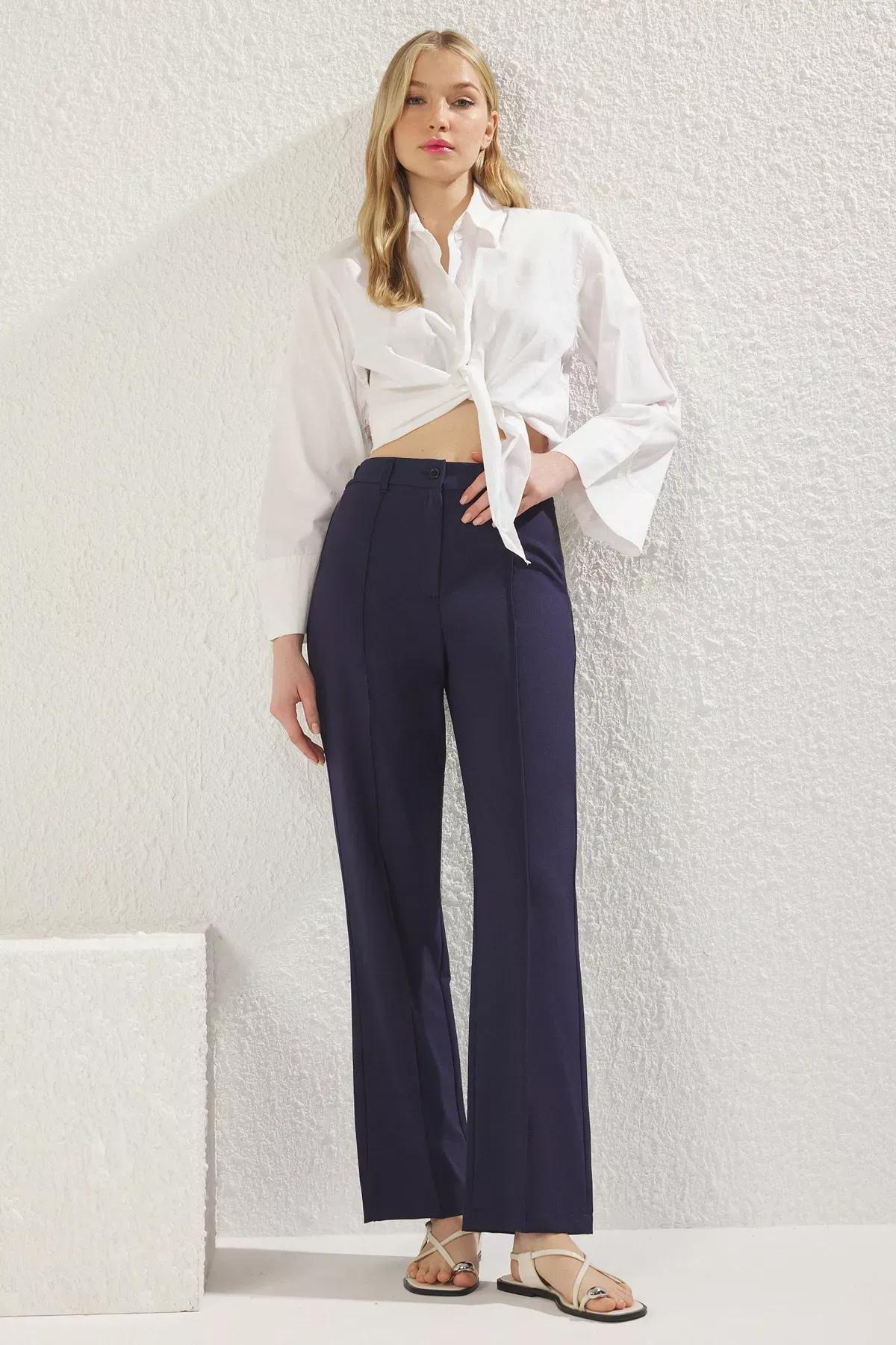 Navy Ribbed Straight Cut Trousers, Navy blue, large image number 1